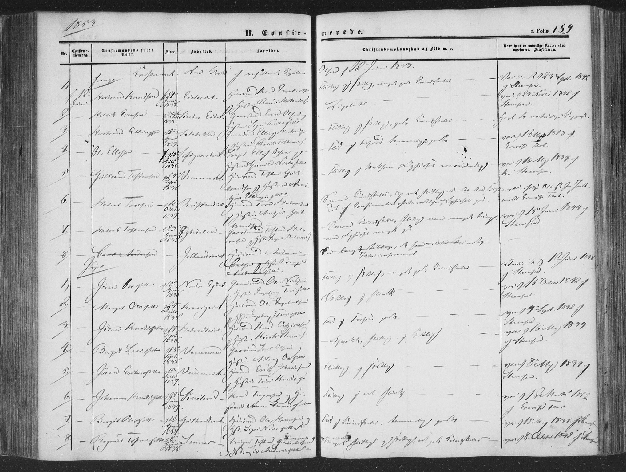 Rollag kirkebøker, AV/SAKO-A-240/F/Fa/L0008: Parish register (official) no. I 8, 1847-1860, p. 159