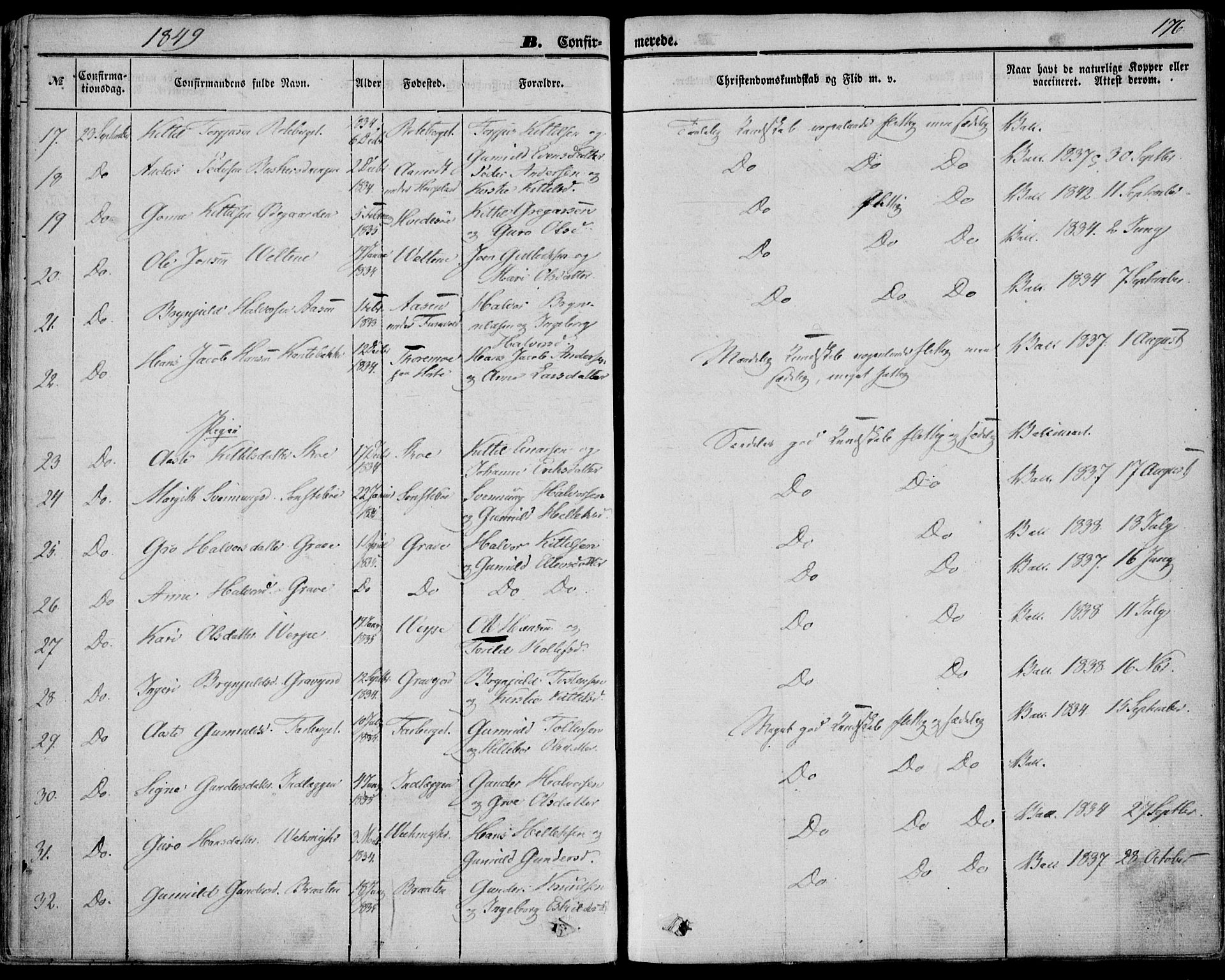 Bø kirkebøker, AV/SAKO-A-257/F/Fa/L0008: Parish register (official) no. 8, 1849-1861, p. 176