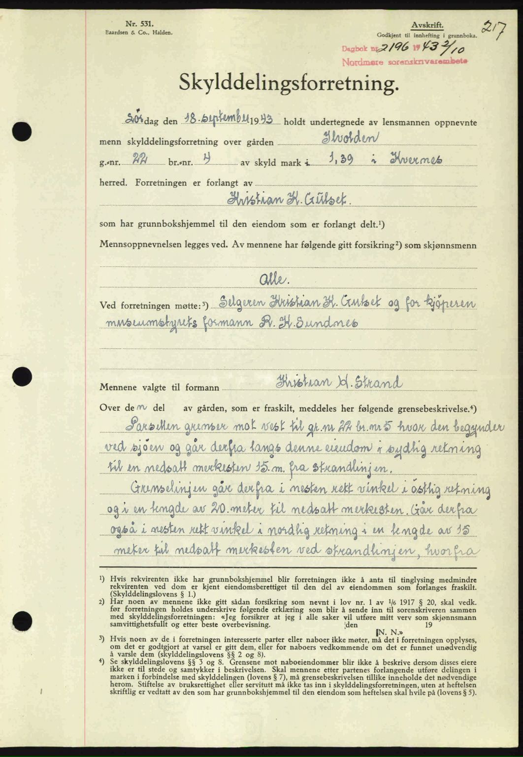 Nordmøre sorenskriveri, SAT/A-4132/1/2/2Ca: Mortgage book no. A96, 1943-1944, Diary no: : 2196/1943