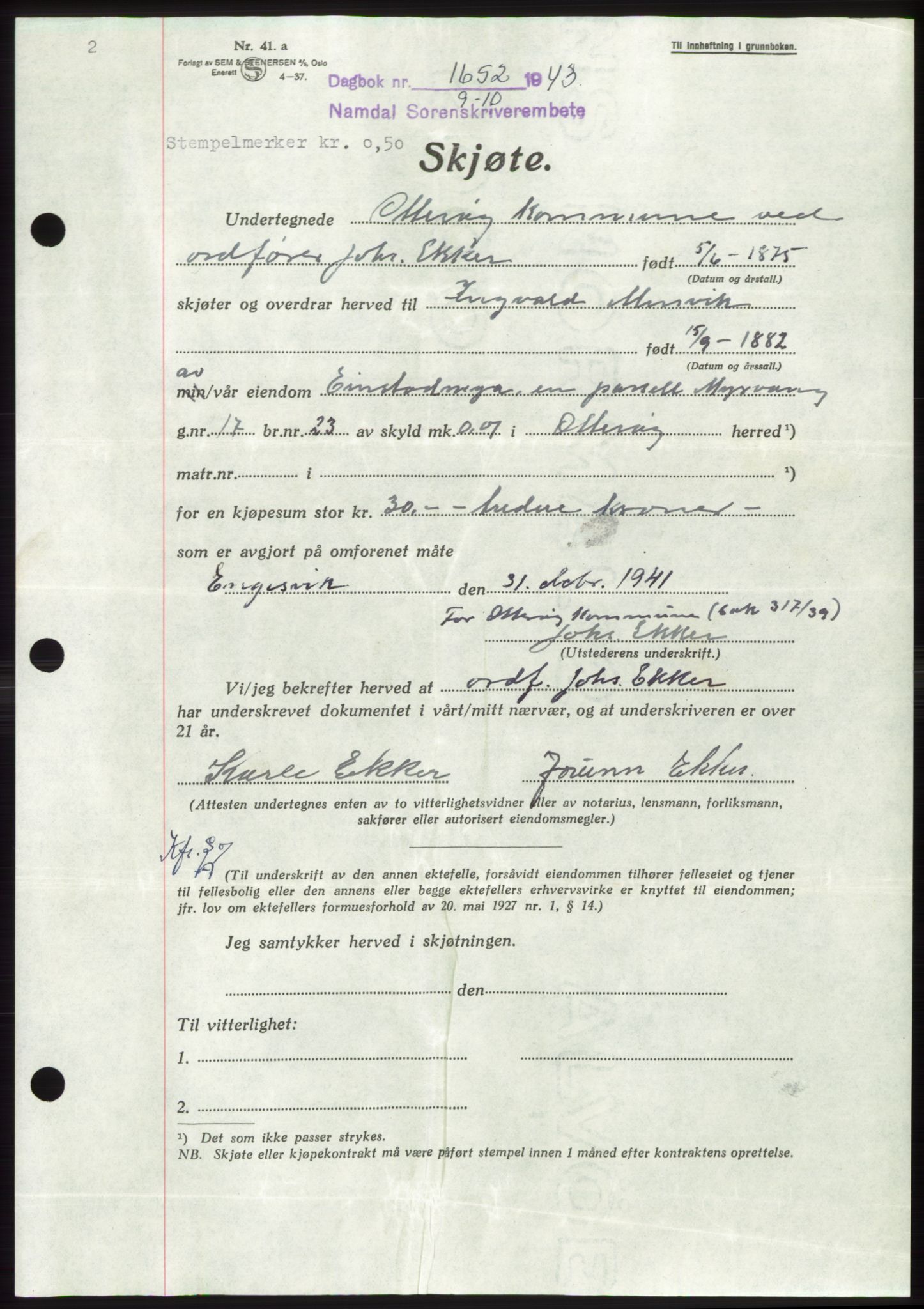 Namdal sorenskriveri, SAT/A-4133/1/2/2C: Mortgage book no. -, 1943-1944, Diary no: : 1652/1943