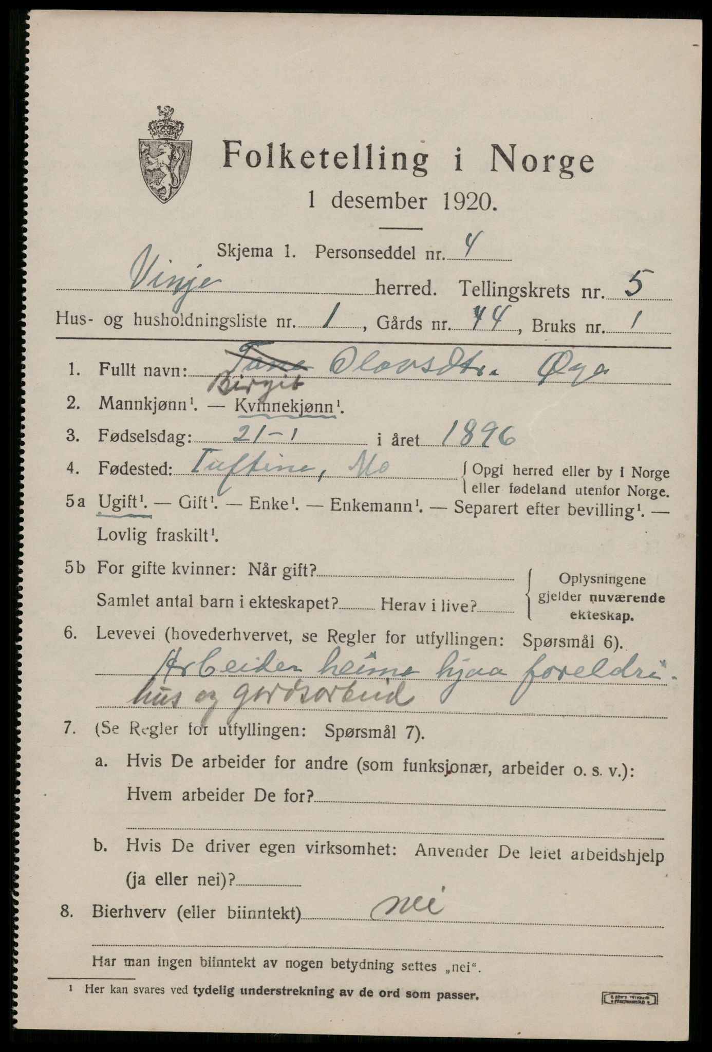 SAKO, 1920 census for Vinje, 1920, p. 1611