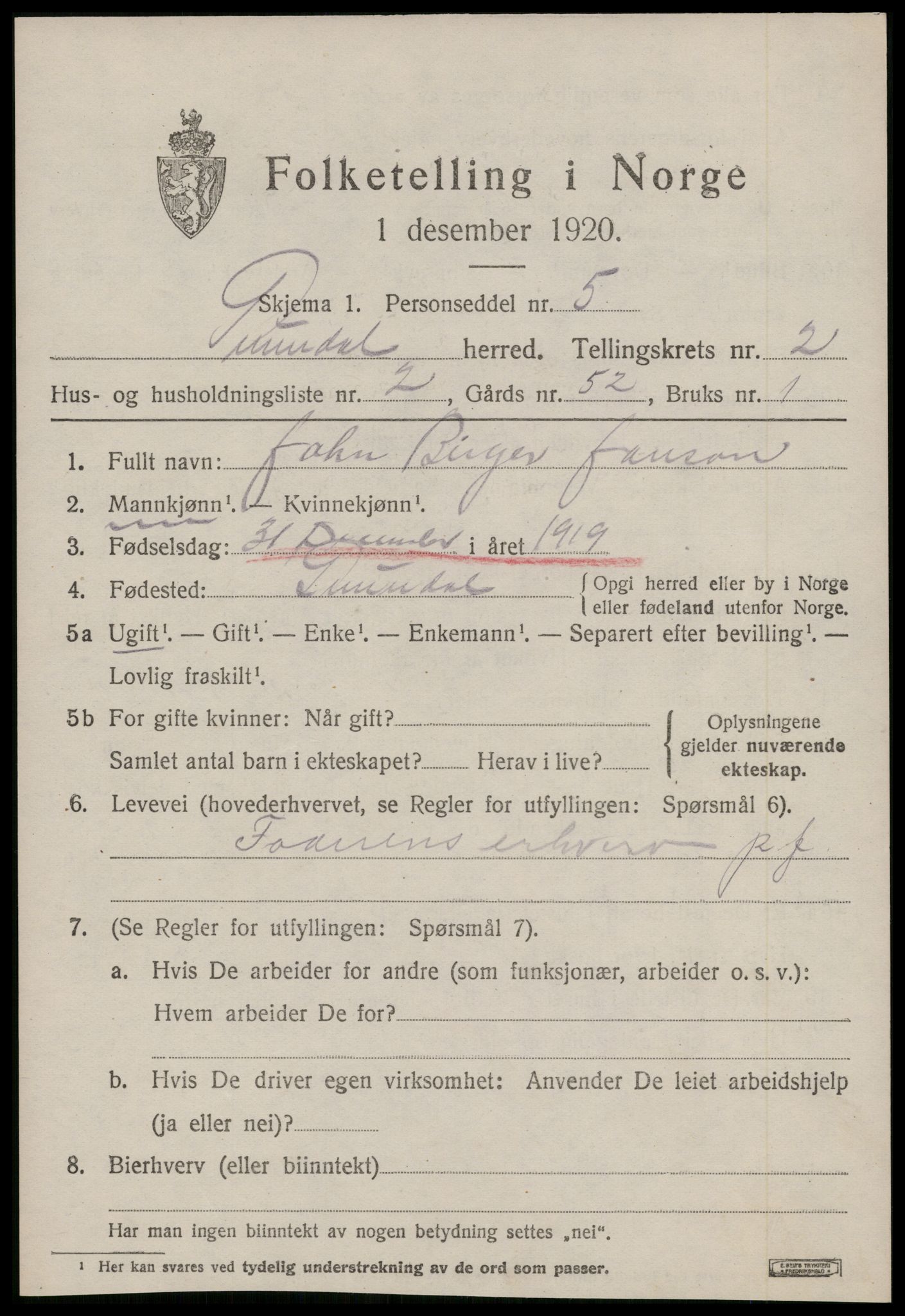 SAT, 1920 census for Sunndal, 1920, p. 1106