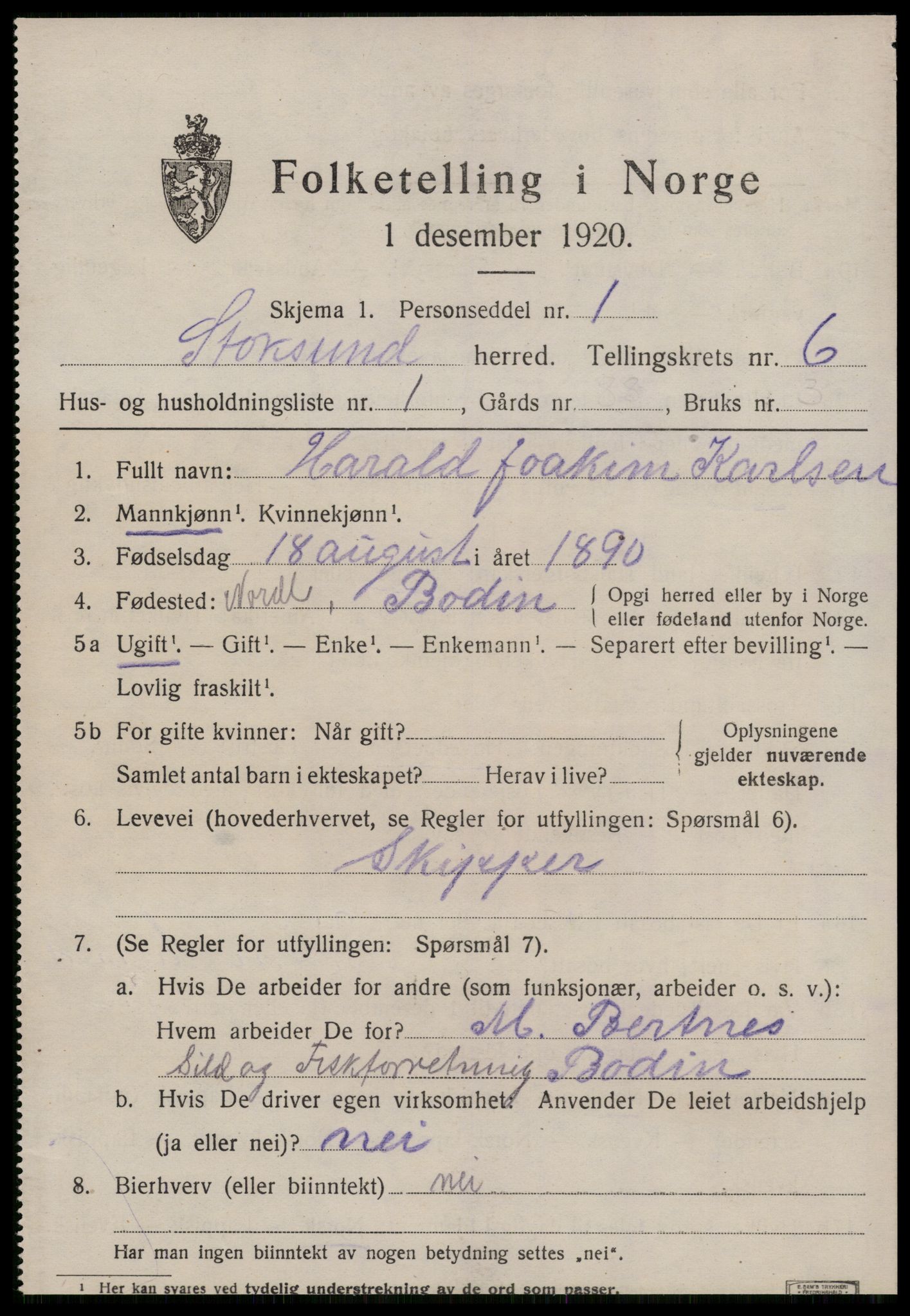 SAT, 1920 census for Stoksund, 1920, p. 3426