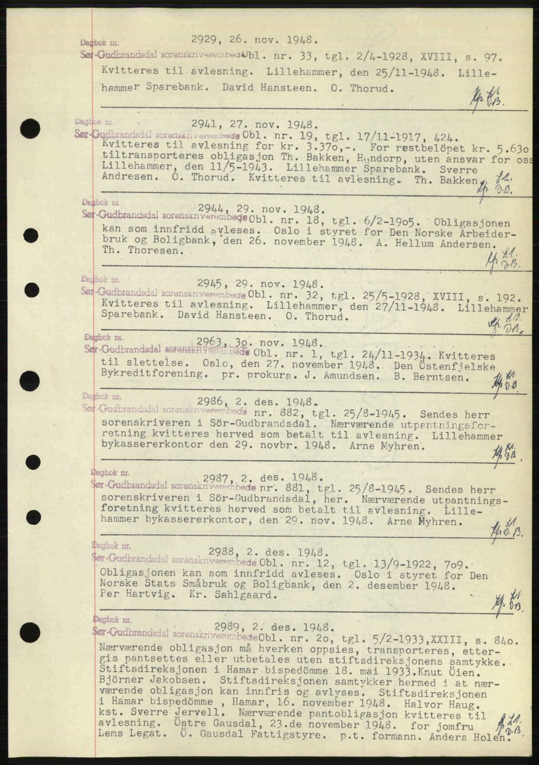 Sør-Gudbrandsdal tingrett, SAH/TING-004/H/Hb/Hbf/L0002: Mortgage book no. C1, 1938-1951, Diary no: : 2929/1948