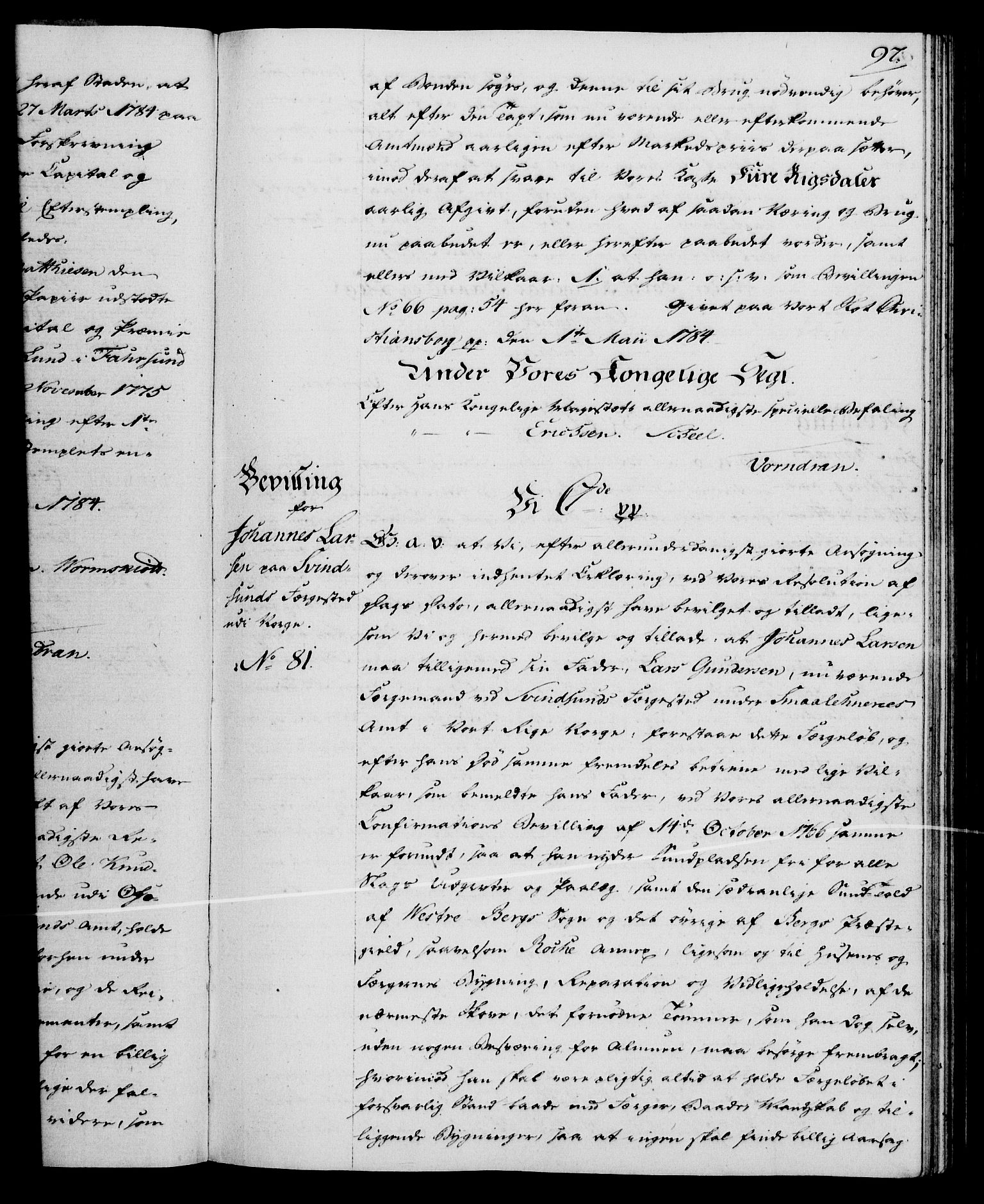 Rentekammeret, Kammerkanselliet, RA/EA-3111/G/Gg/Gga/L0013: Norsk ekspedisjonsprotokoll med register (merket RK 53.13), 1784-1787, p. 97
