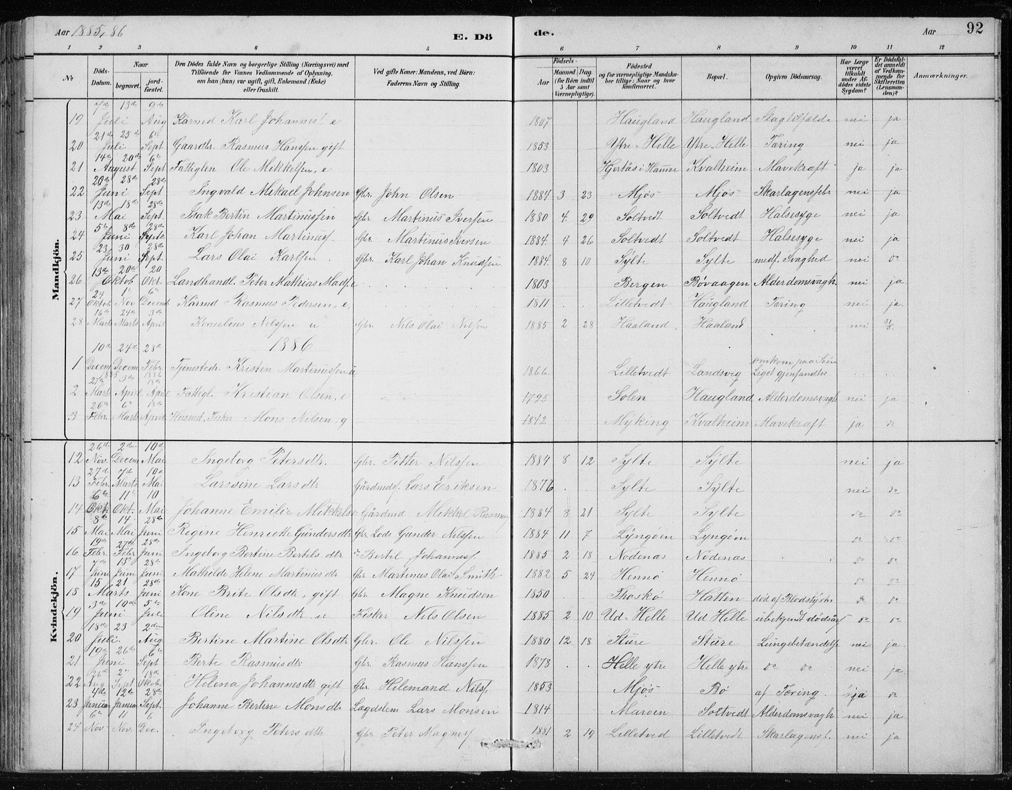 Manger sokneprestembete, SAB/A-76801/H/Hab: Parish register (copy) no. B 2, 1882-1890, p. 92