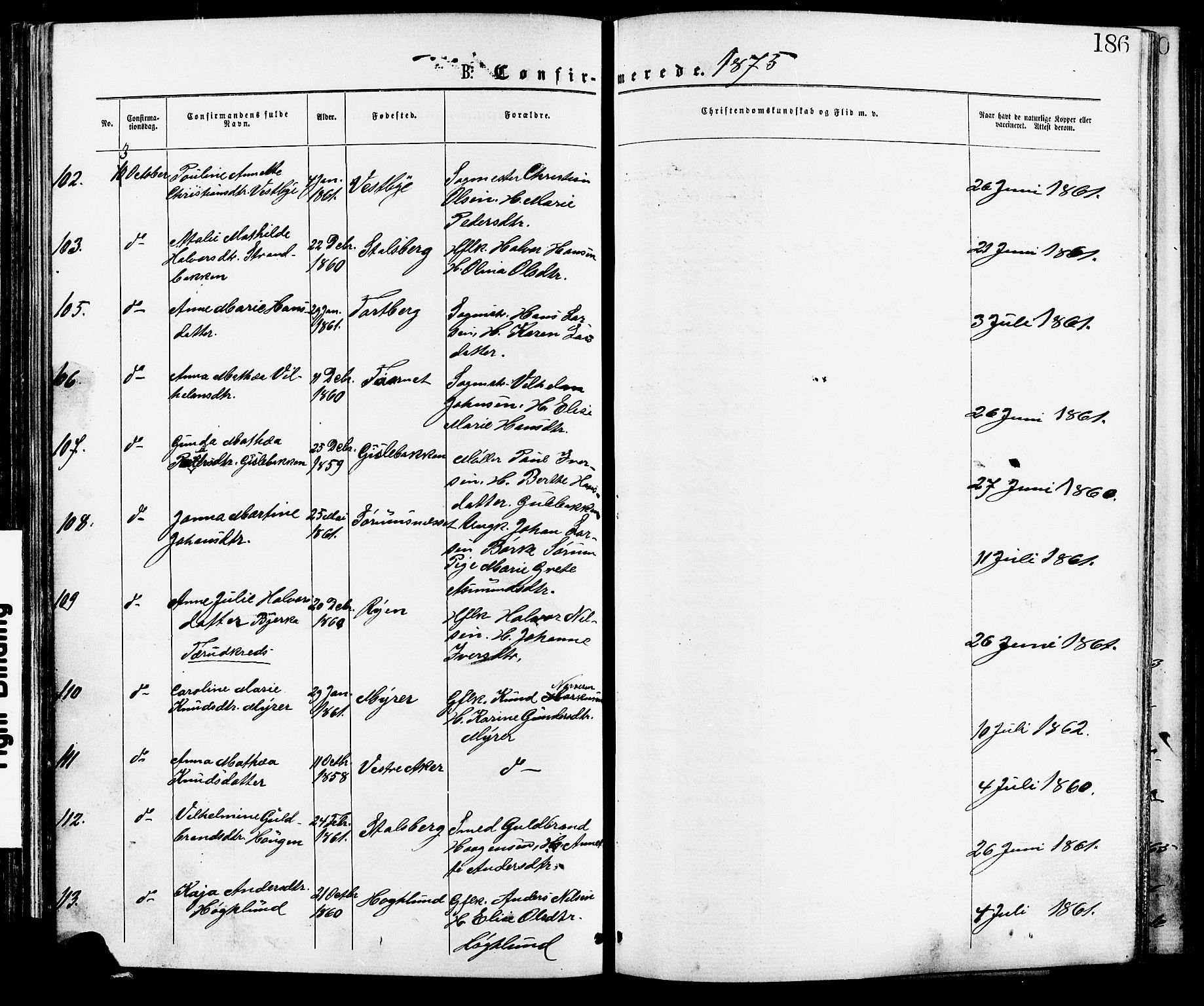 Skedsmo prestekontor Kirkebøker, AV/SAO-A-10033a/F/Fa/L0012: Parish register (official) no. I 12, 1876-1883, p. 186