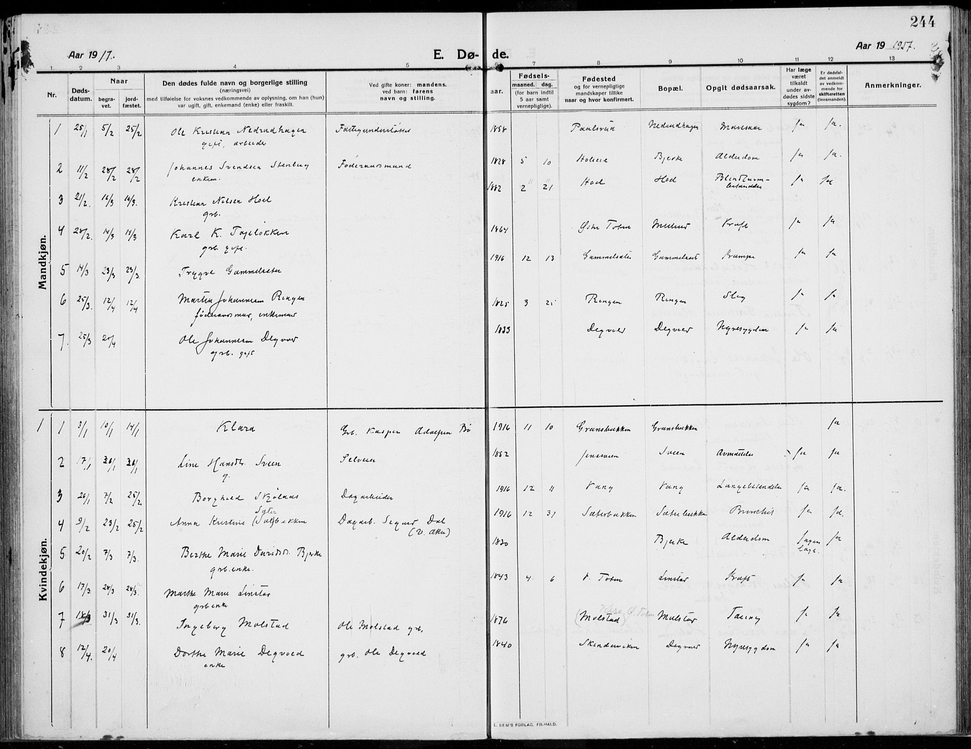 Kolbu prestekontor, SAH/PREST-110/H/Ha/Haa/L0002: Parish register (official) no. 2, 1912-1926, p. 244