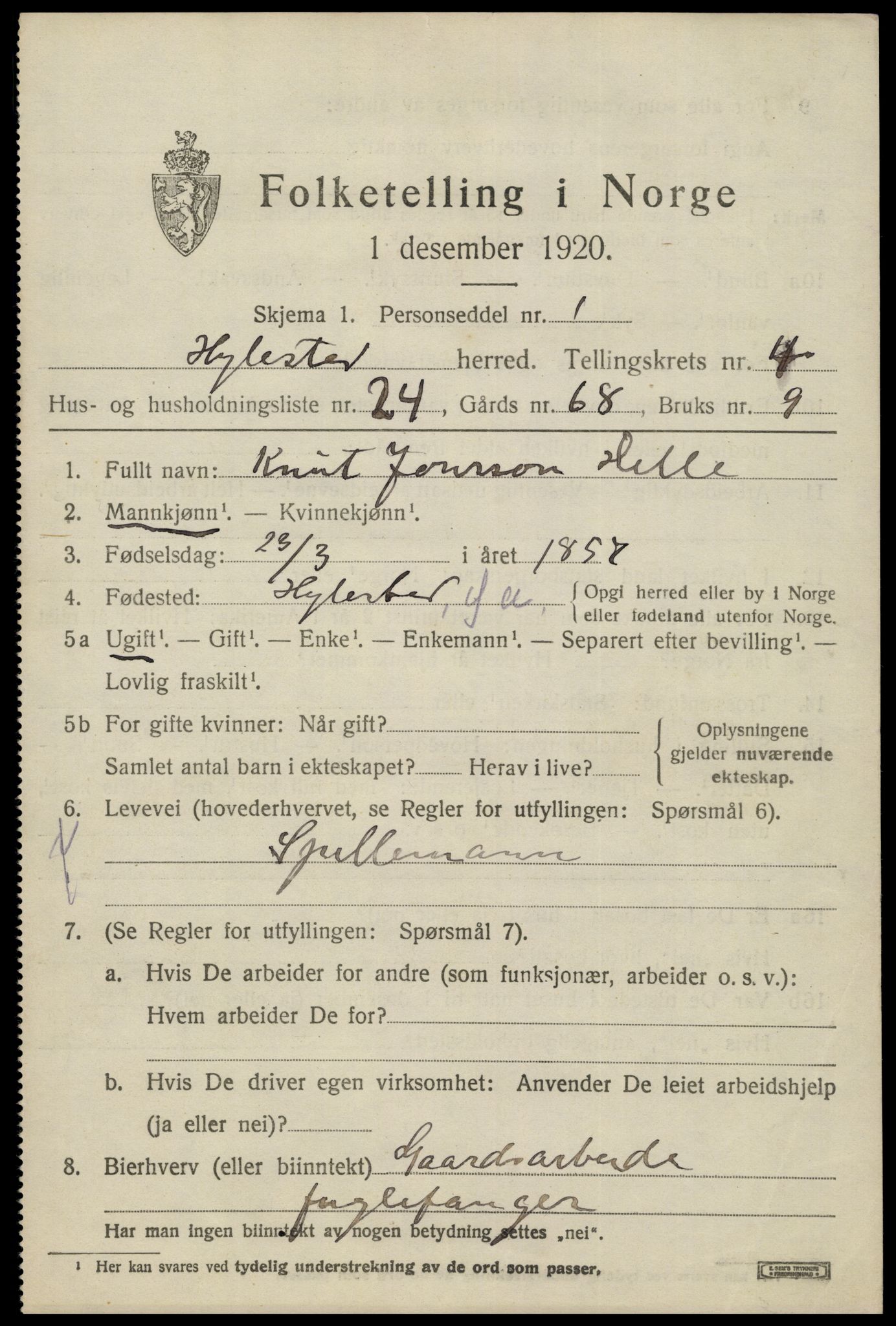 SAK, 1920 census for Hylestad, 1920, p. 1384