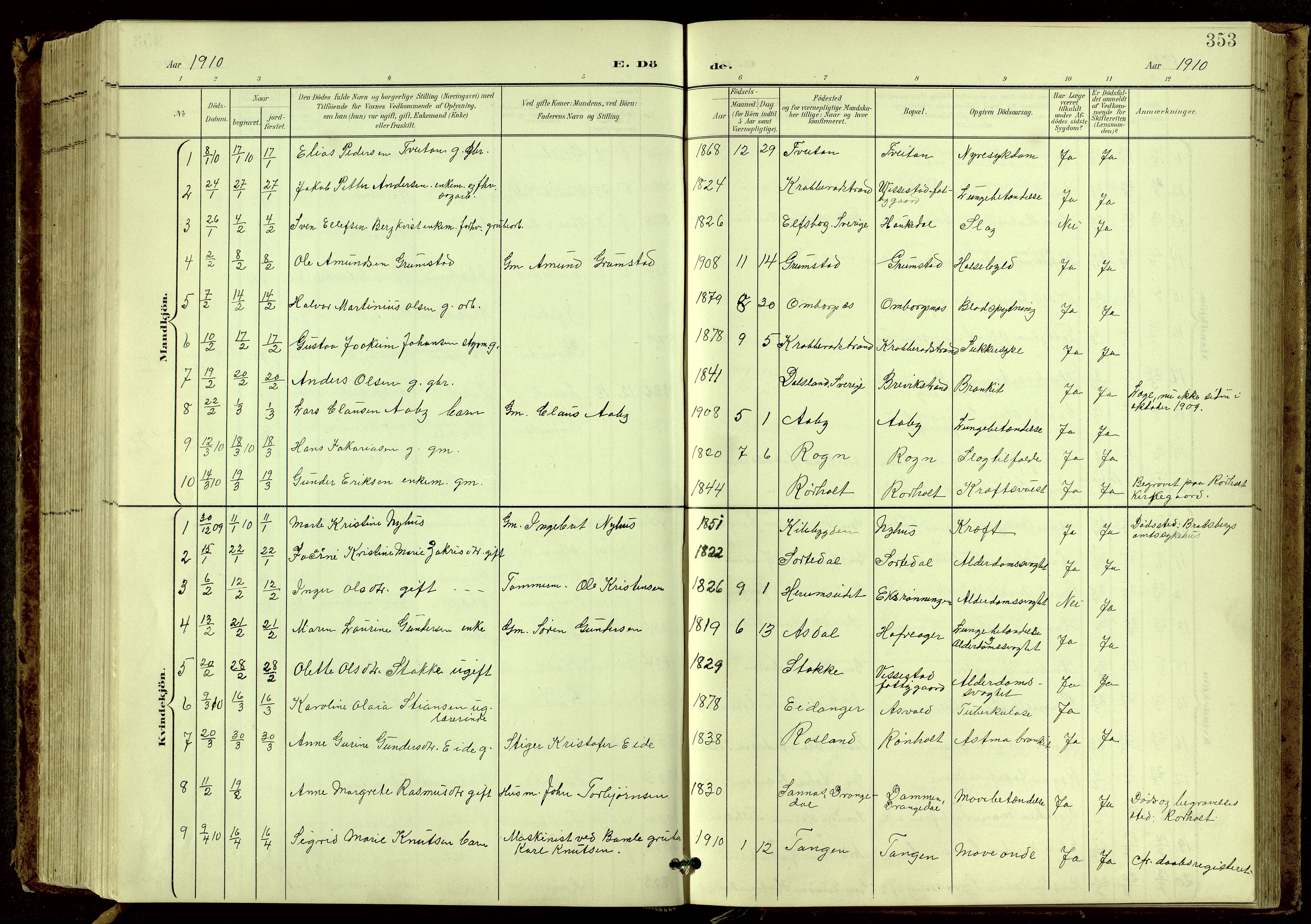 Bamble kirkebøker, SAKO/A-253/G/Ga/L0010: Parish register (copy) no. I 10, 1901-1919, p. 353