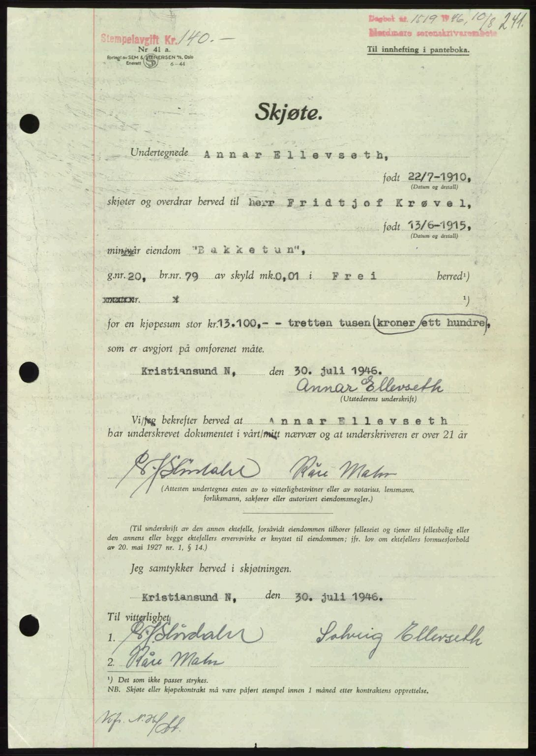 Nordmøre sorenskriveri, AV/SAT-A-4132/1/2/2Ca: Mortgage book no. A102, 1946-1946, Diary no: : 1519/1946