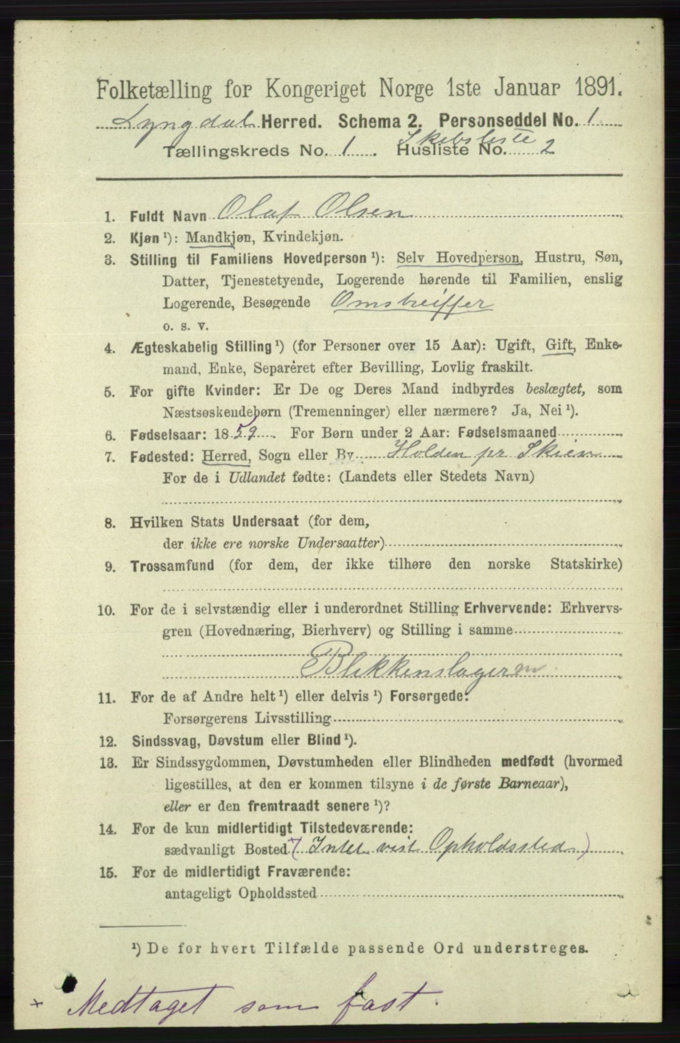 RA, 1891 census for 1032 Lyngdal, 1891, p. 6490