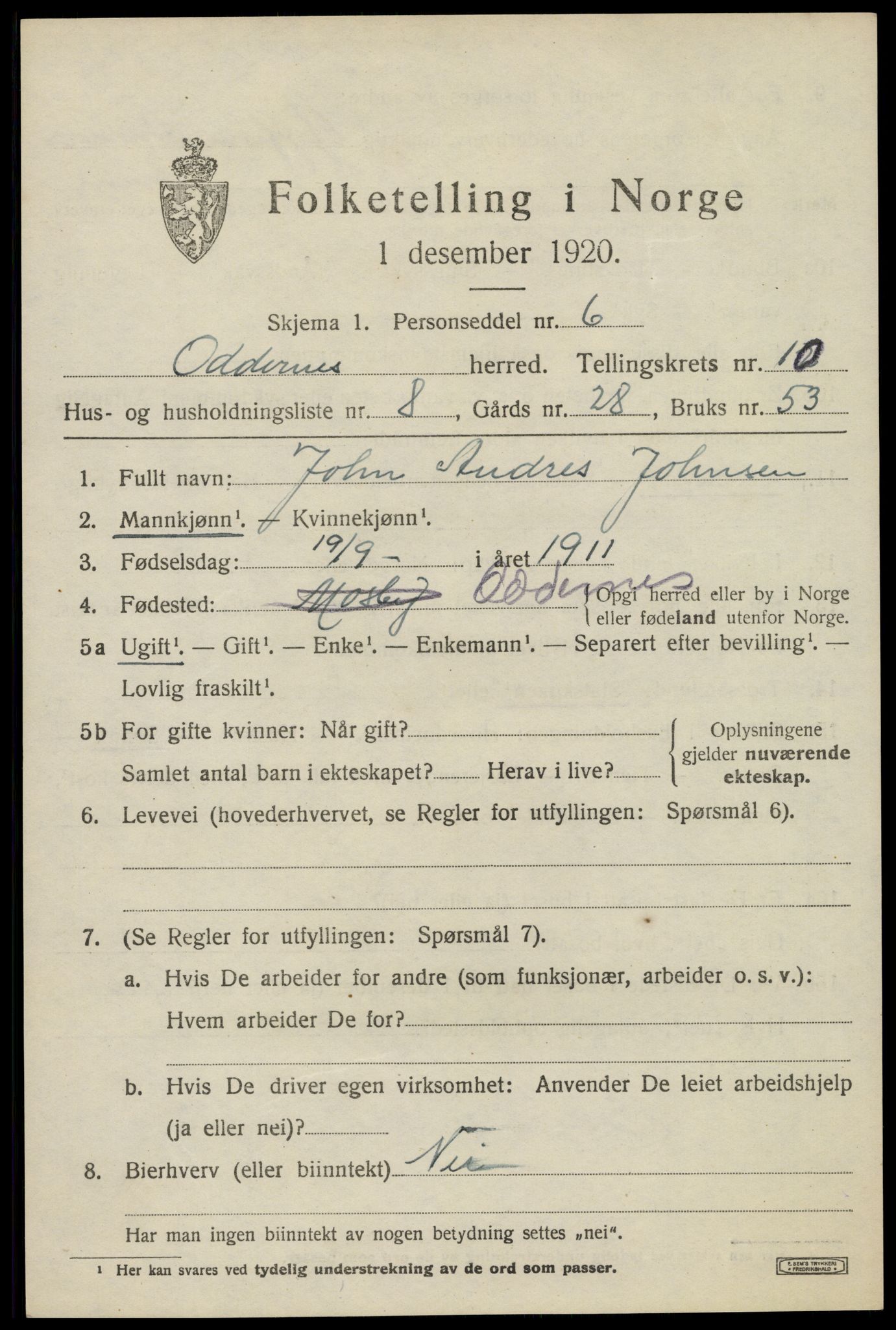 SAK, 1920 census for Oddernes, 1920, p. 6455