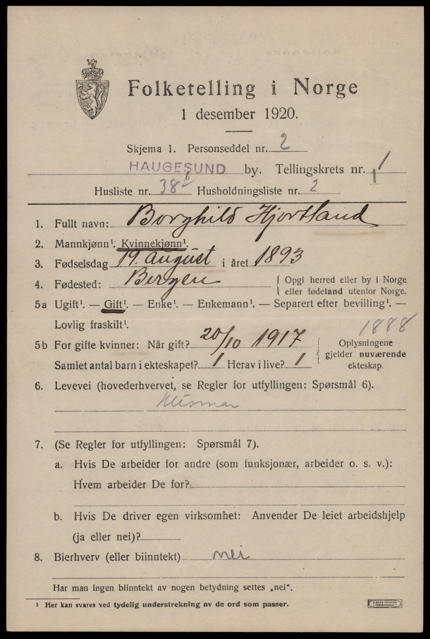 SAST, 1920 census for Haugesund, 1920, p. 12119