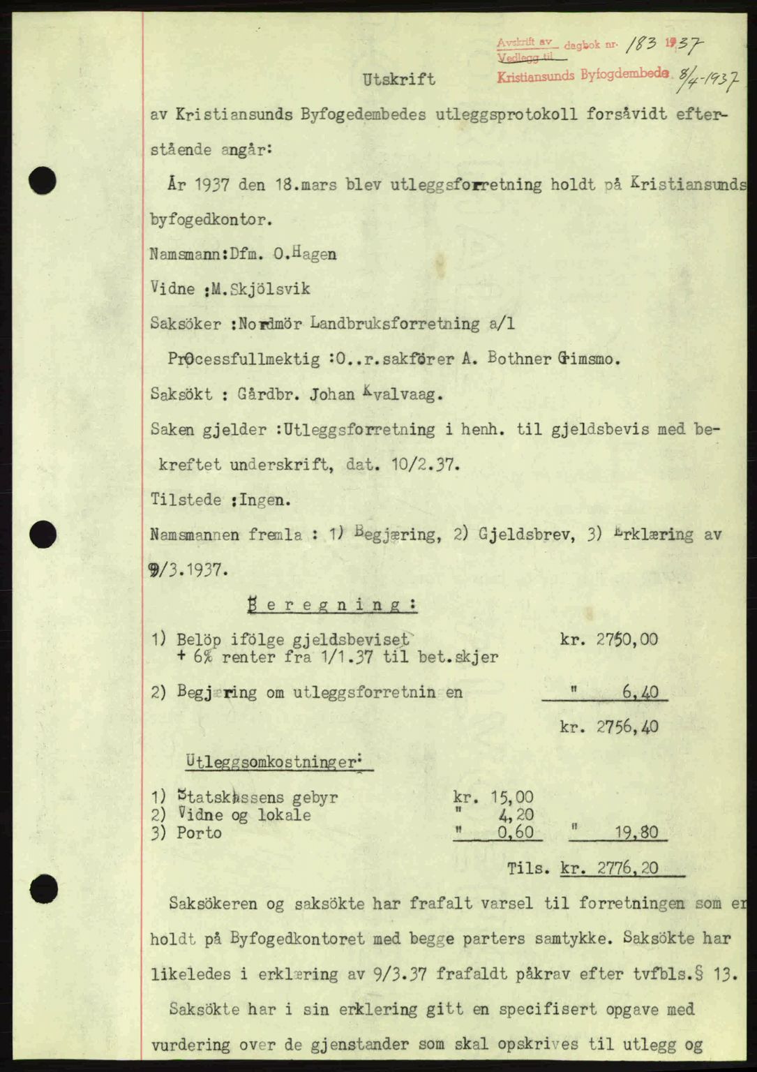 Kristiansund byfogd, AV/SAT-A-4587/A/27: Mortgage book no. 29, 1936-1937, Diary no: : 183/1937