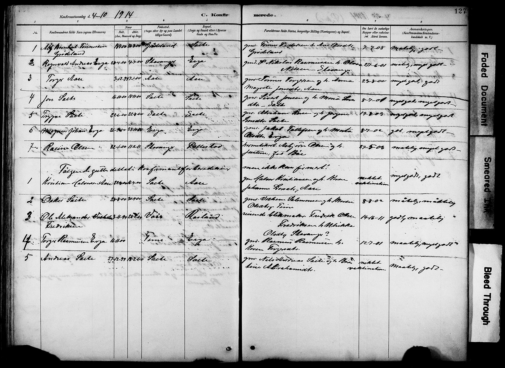 Klepp sokneprestkontor, SAST/A-101803/001/3/30BB/L0005: Parish register (copy) no. B 5, 1889-1918, p. 127
