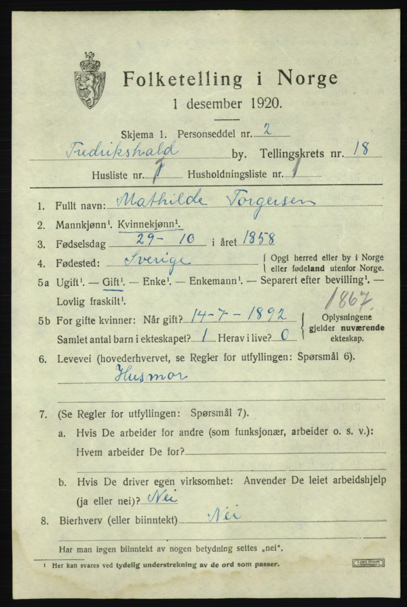 SAO, 1920 census for Fredrikshald, 1920, p. 27207