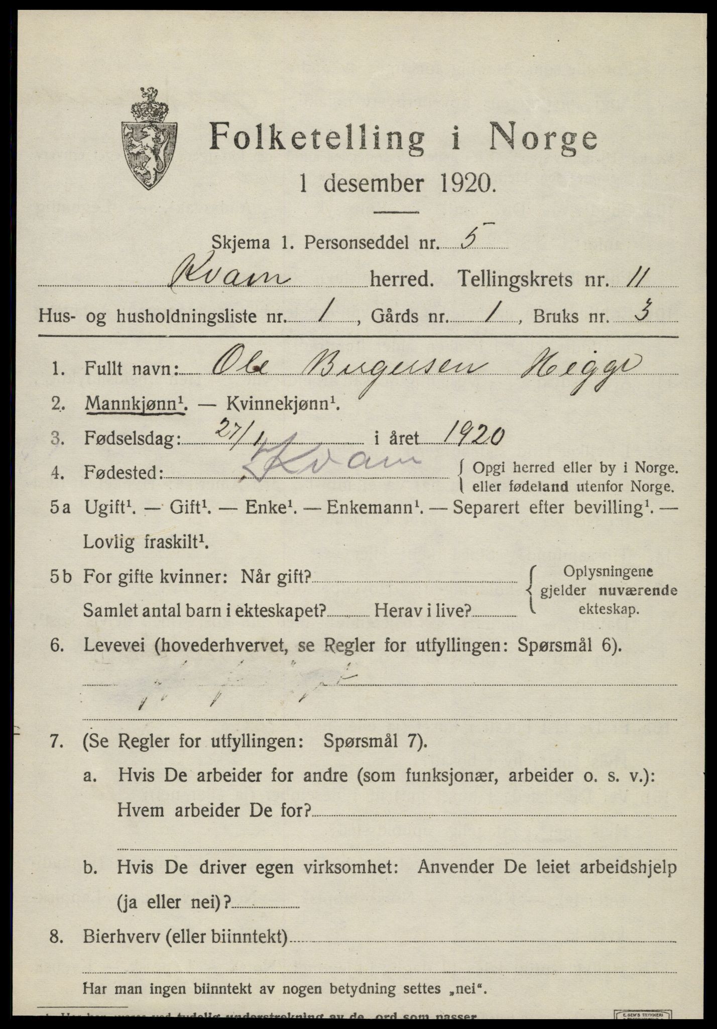 SAT, 1920 census for Kvam, 1920, p. 2719