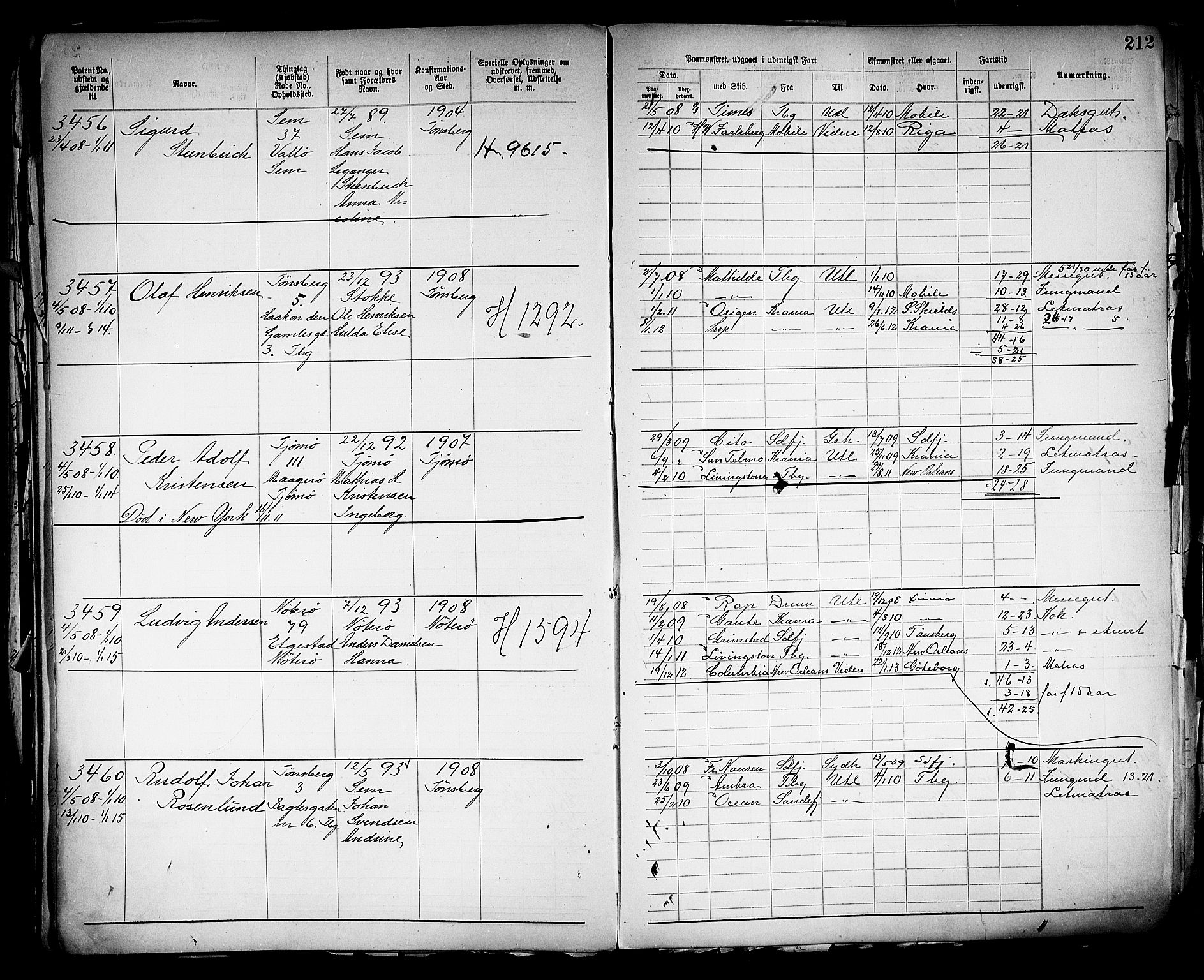 Tønsberg innrulleringskontor, SAKO/A-786/F/Fb/L0005: Annotasjonsrulle Patent nr. 2401-4080, 1904-1910, p. 215