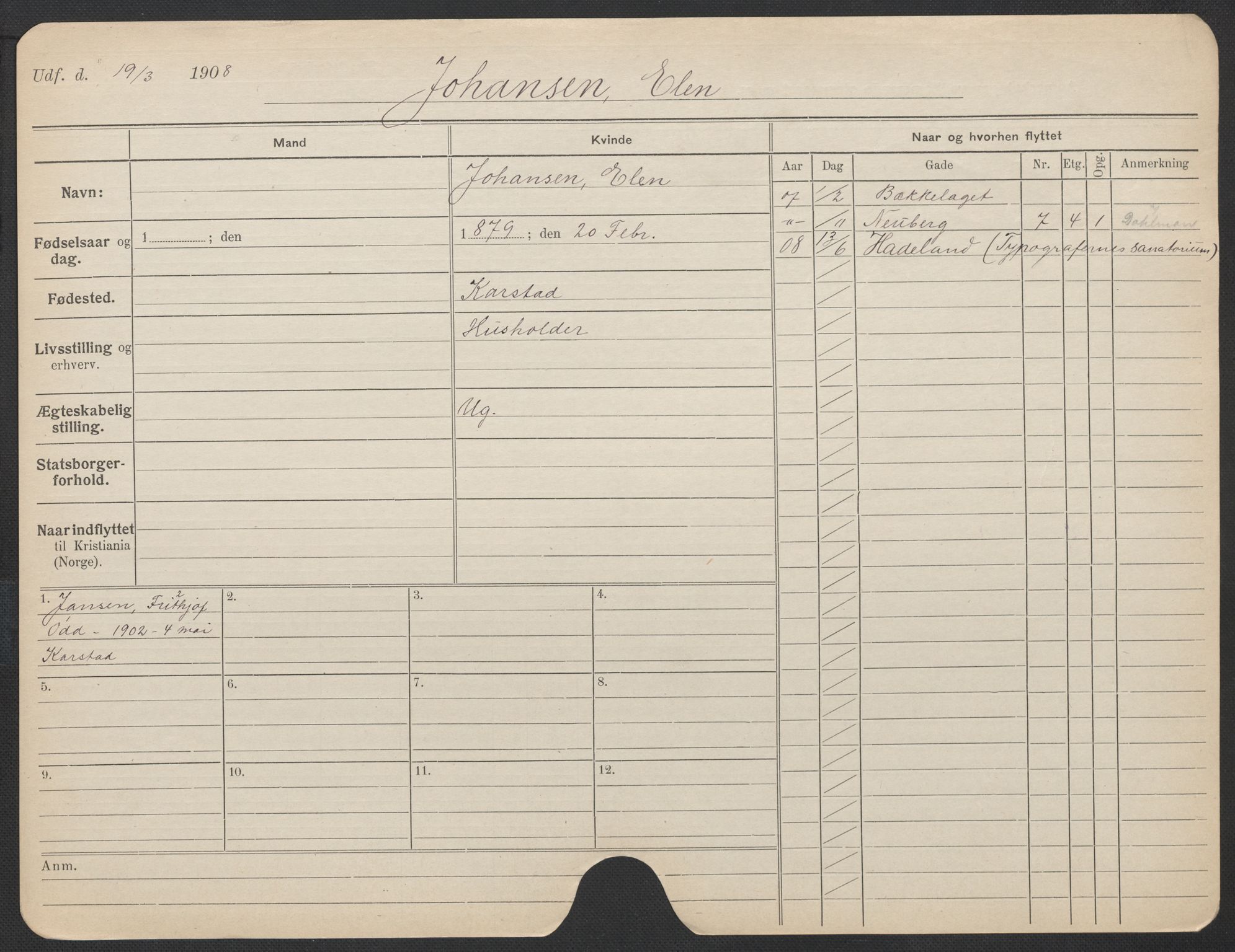 Oslo folkeregister, Registerkort, AV/SAO-A-11715/F/Fa/Fac/L0017: Kvinner, 1906-1914, p. 728a