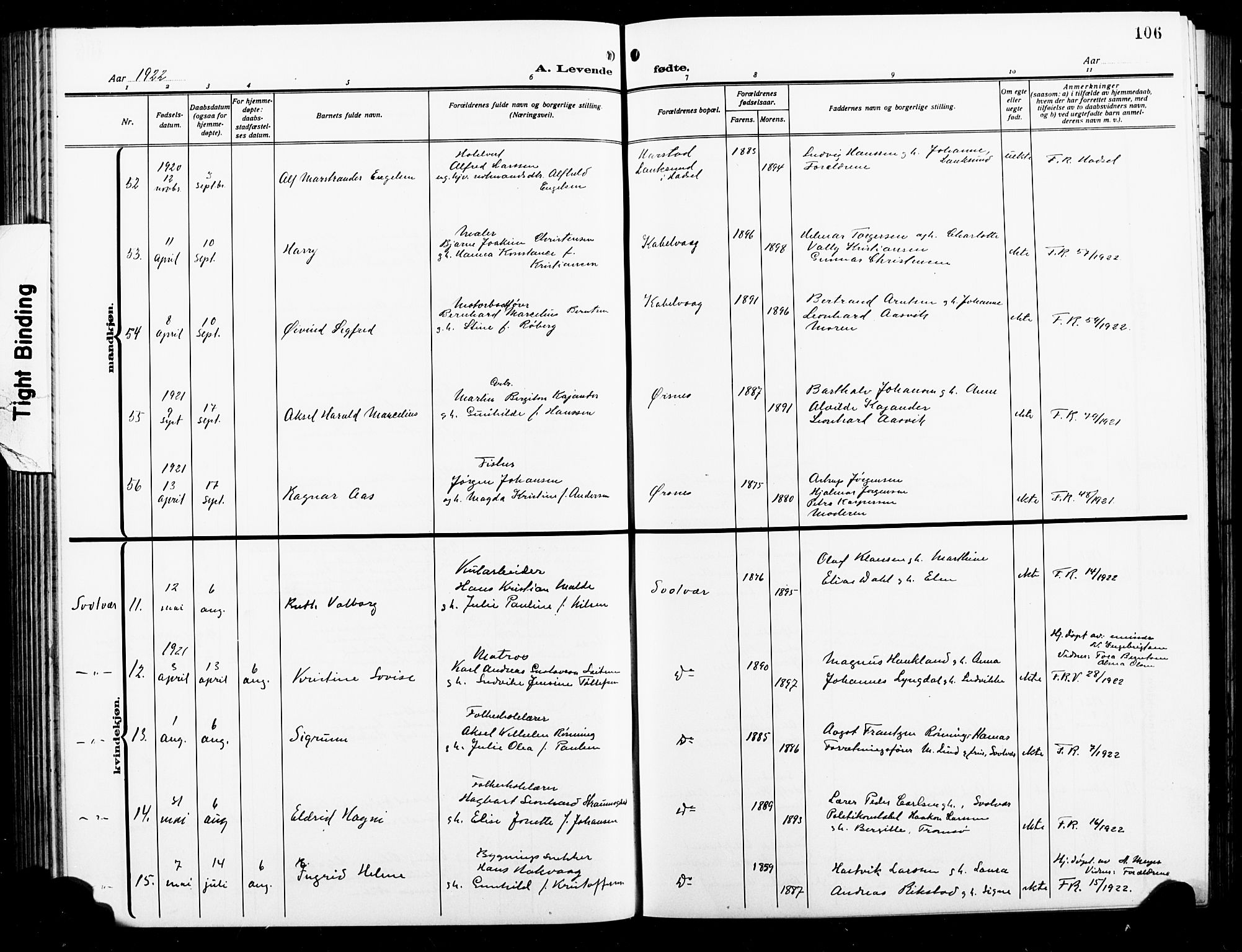 Ministerialprotokoller, klokkerbøker og fødselsregistre - Nordland, AV/SAT-A-1459/874/L1080: Parish register (copy) no. 874C09, 1915-1925, p. 106