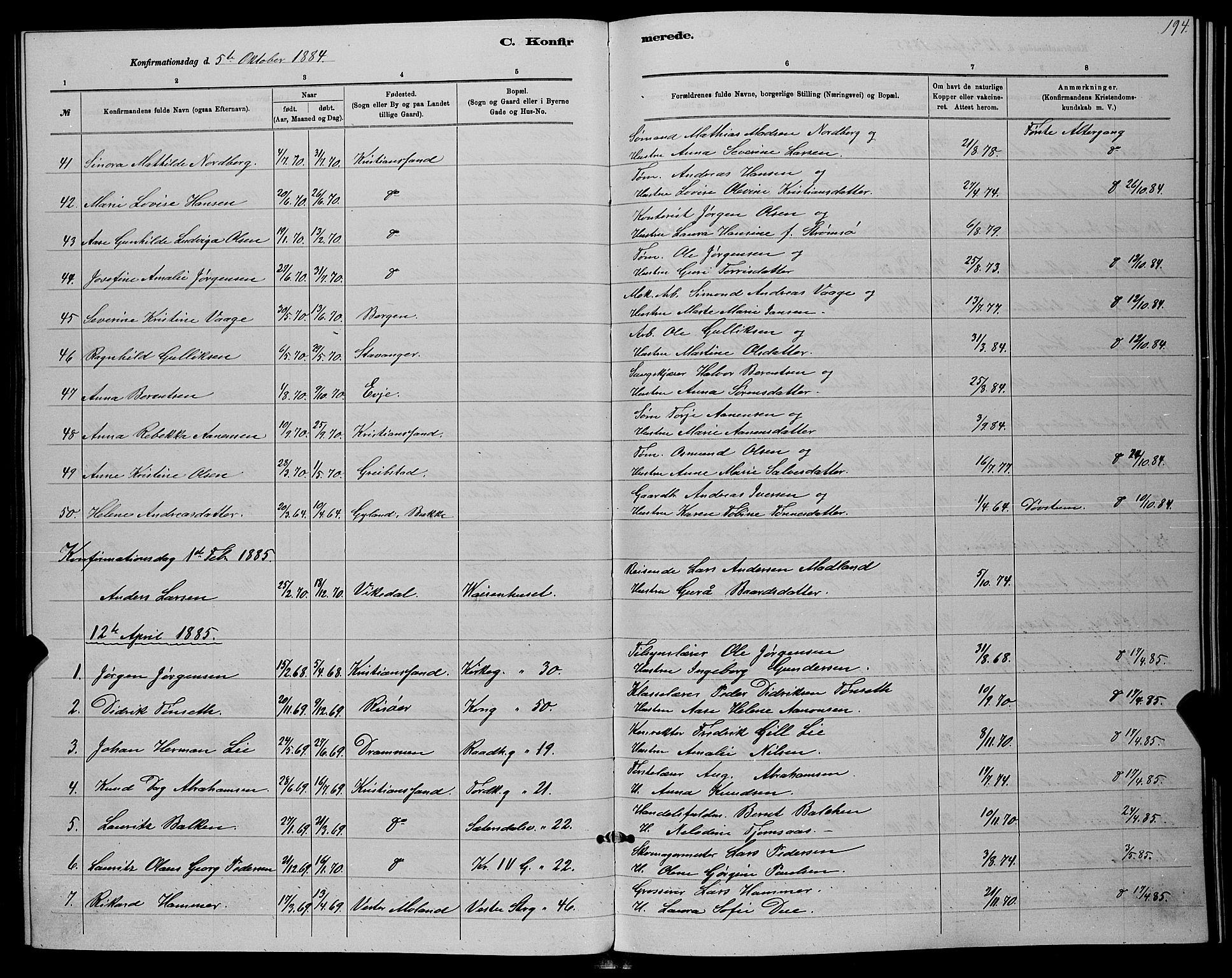 Kristiansand domprosti, SAK/1112-0006/F/Fb/L0016: Parish register (copy) no. B 16, 1881-1893, p. 194