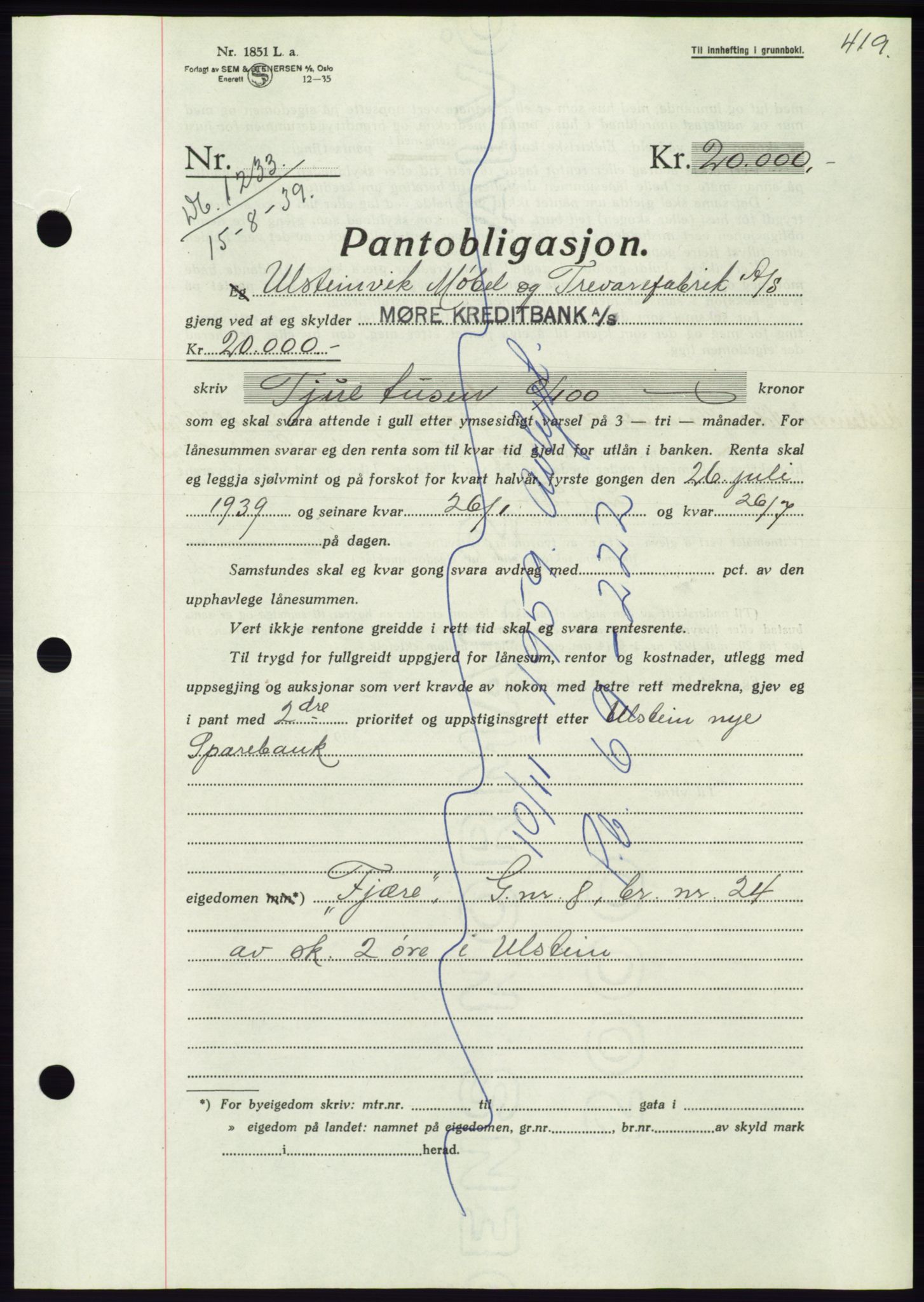 Søre Sunnmøre sorenskriveri, AV/SAT-A-4122/1/2/2C/L0068: Mortgage book no. 62, 1939-1939, Diary no: : 1233/1939