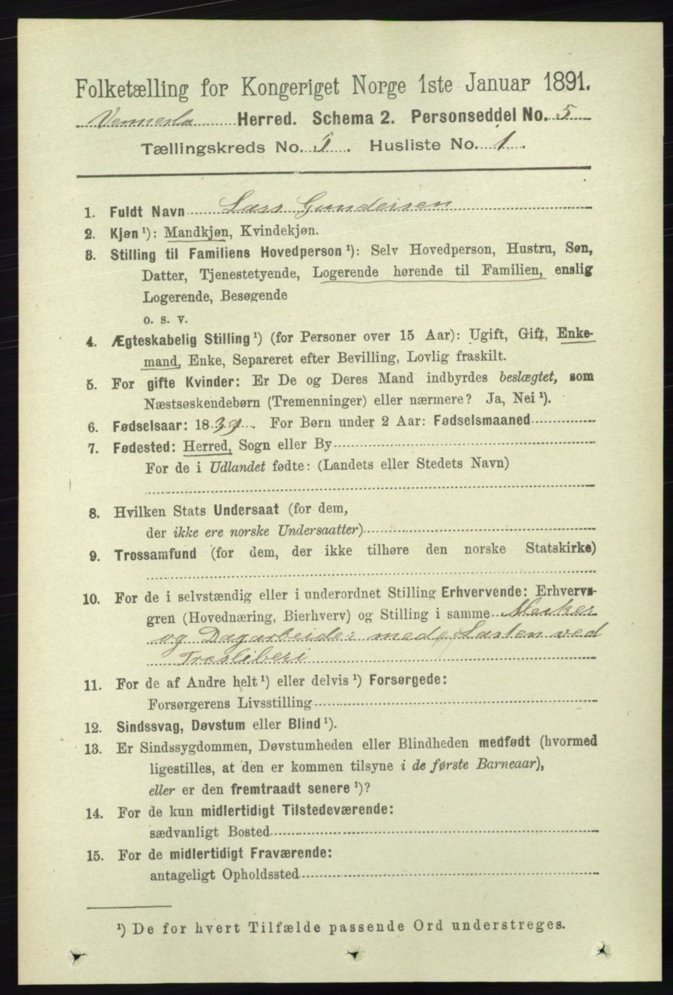 RA, 1891 census for 1014 Vennesla, 1891, p. 1217