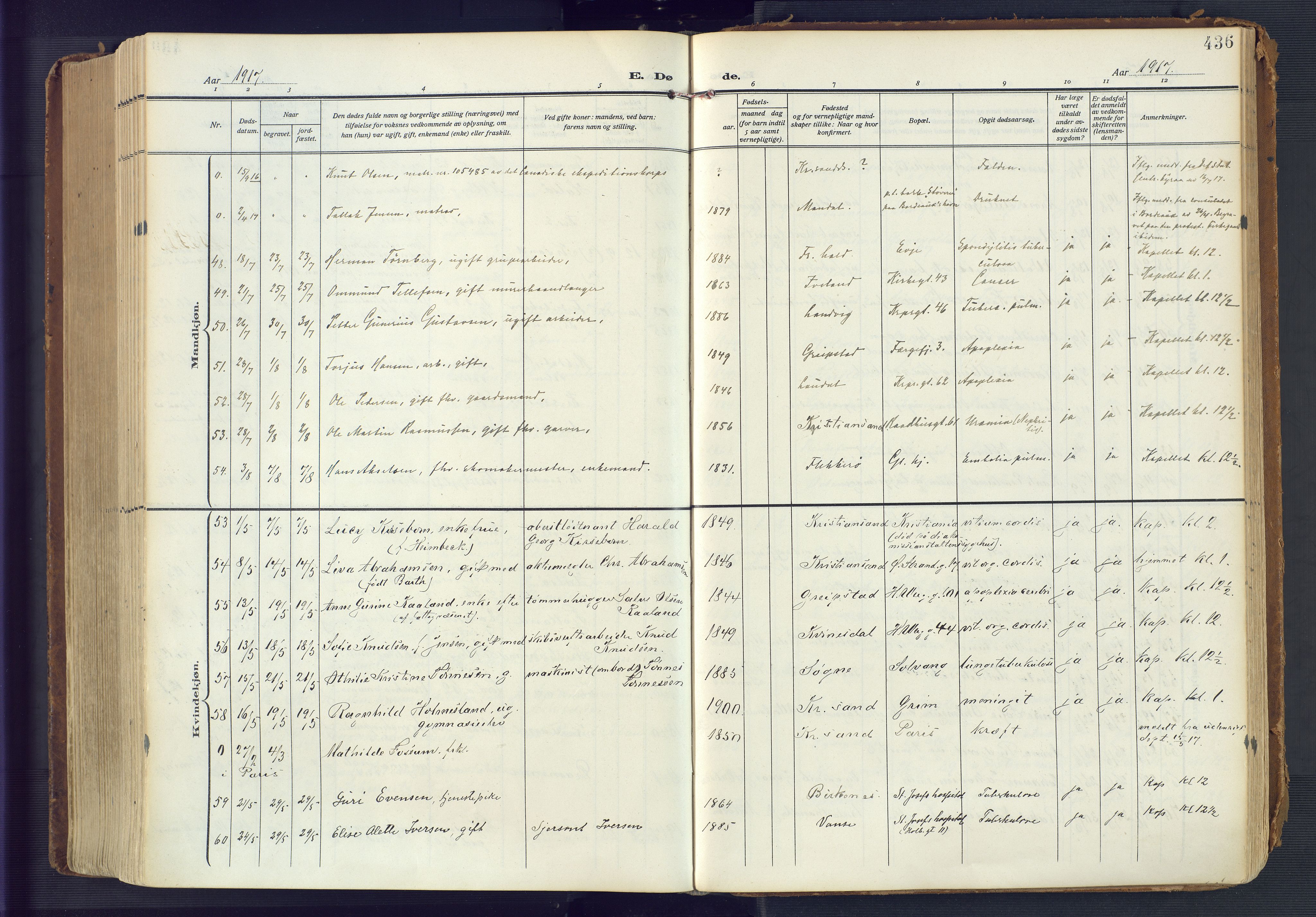 Kristiansand domprosti, AV/SAK-1112-0006/F/Fa/L0023: Parish register (official) no. A 22, 1909-1917, p. 436