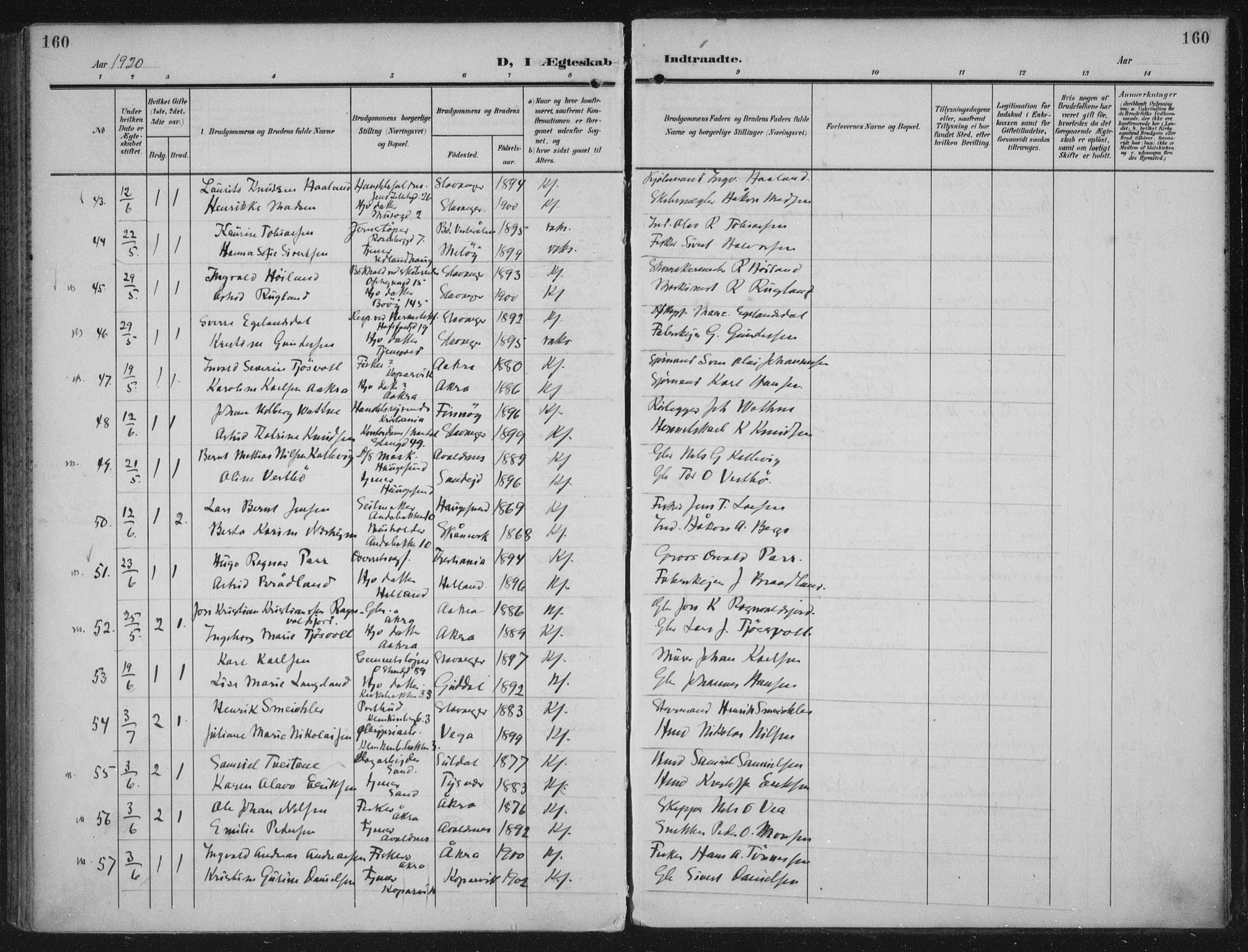 Domkirken sokneprestkontor, AV/SAST-A-101812/002/A/L0016: Parish register (official) no. A 33, 1905-1922, p. 160