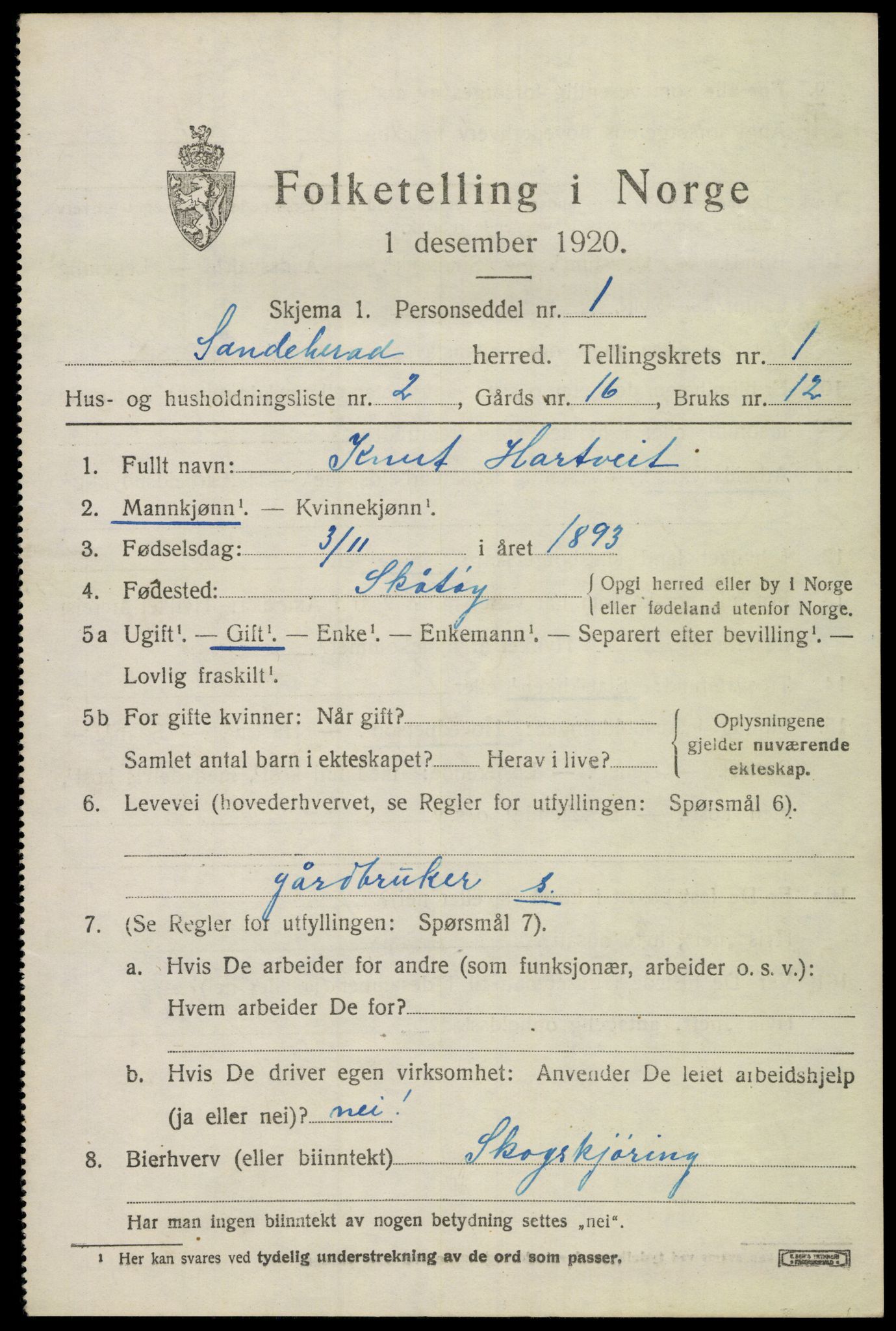 SAKO, 1920 census for Sandeherred, 1920, p. 3766