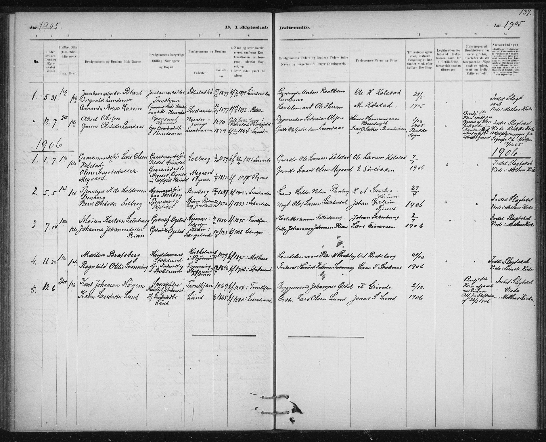 Ministerialprotokoller, klokkerbøker og fødselsregistre - Sør-Trøndelag, AV/SAT-A-1456/613/L0392: Parish register (official) no. 613A01, 1887-1906, p. 137