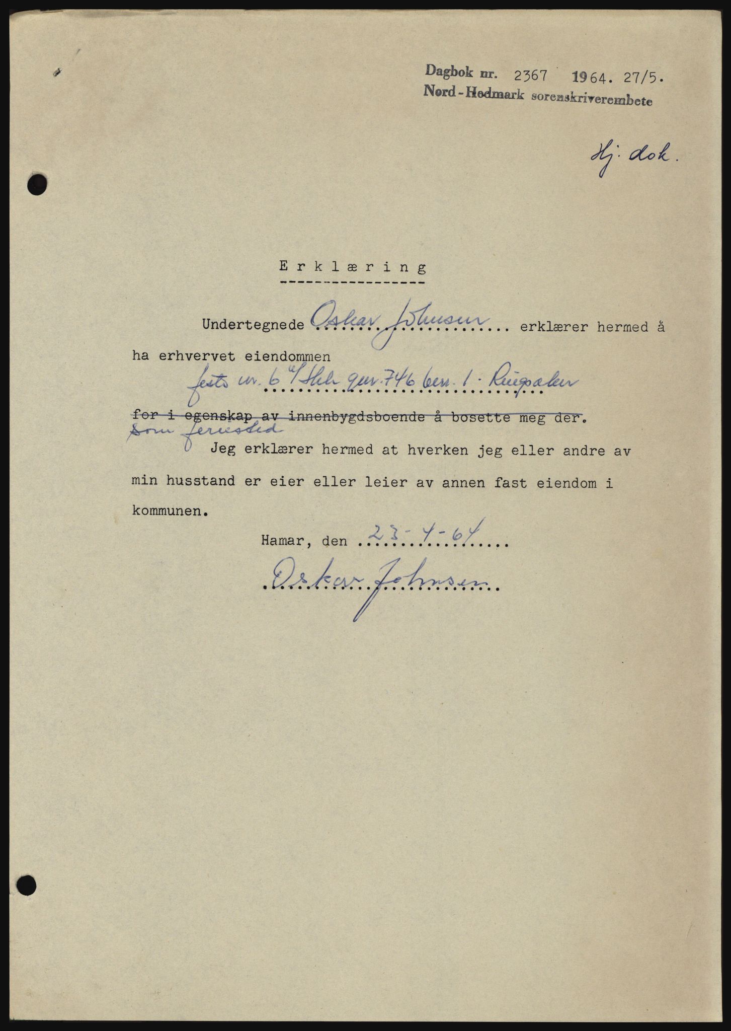 Nord-Hedmark sorenskriveri, SAH/TING-012/H/Hc/L0019: Mortgage book no. 19, 1963-1964, Diary no: : 2367/1964