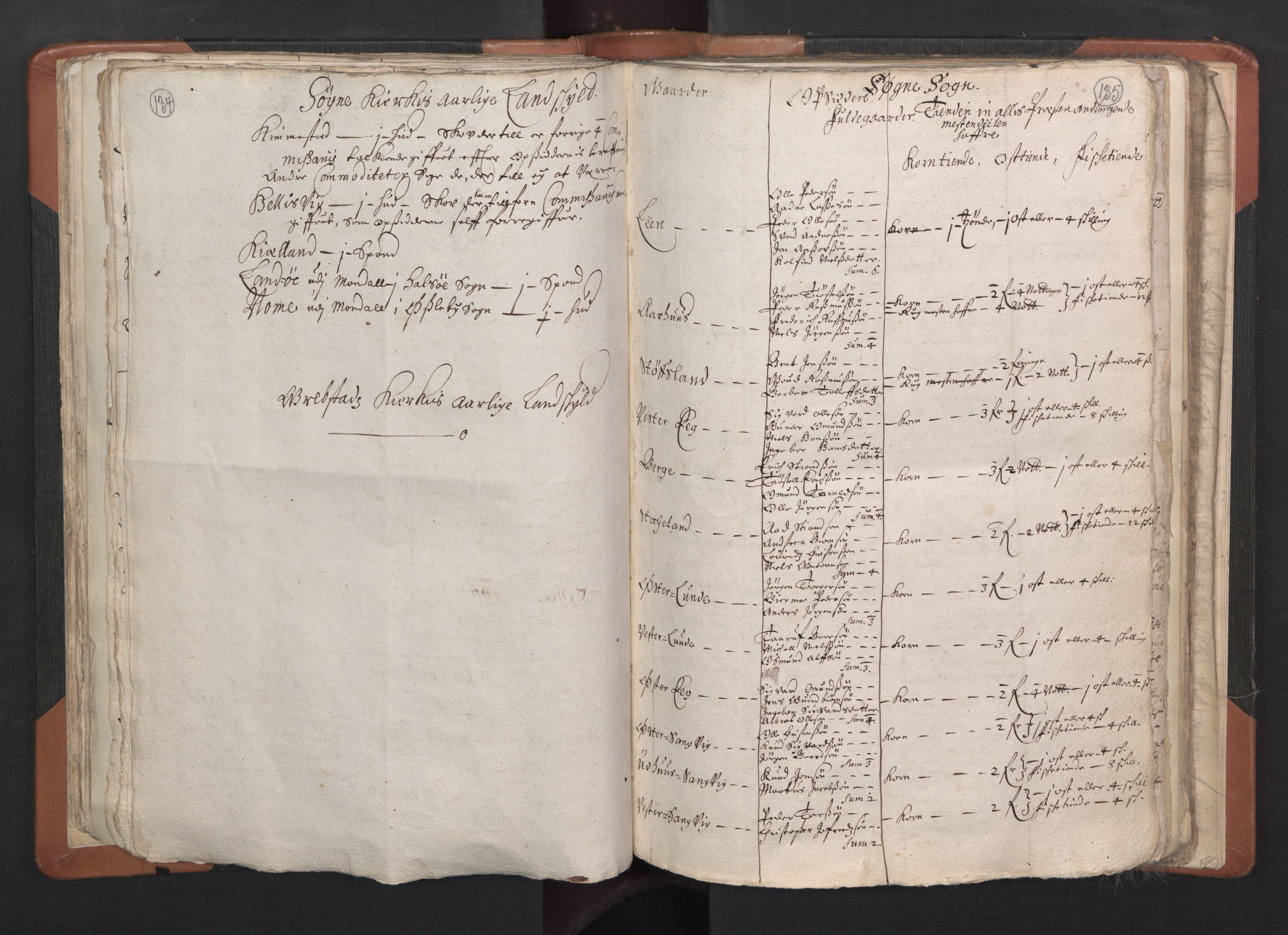 RA, Vicar's Census 1664-1666, no. 15: Mandal deanery, 1664-1666, p. 134-135