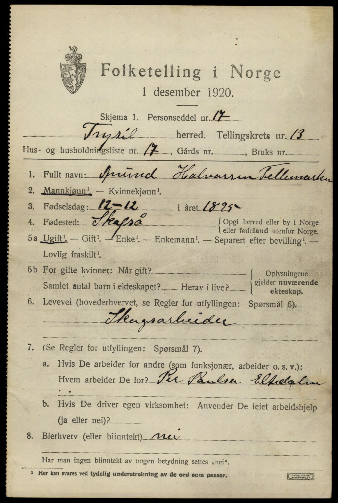 SAH, 1920 census for Trysil, 1920, p. 7861