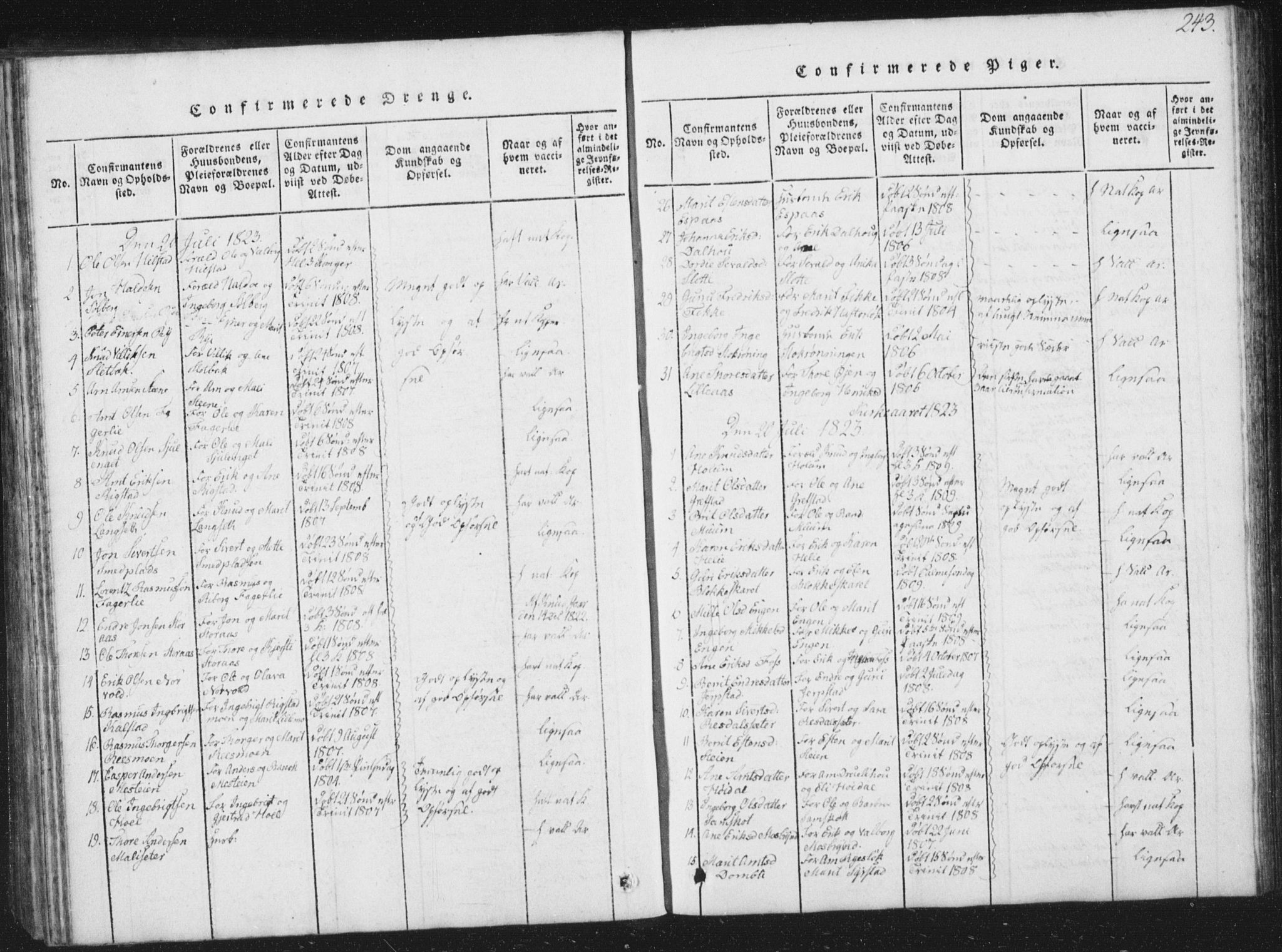 Ministerialprotokoller, klokkerbøker og fødselsregistre - Sør-Trøndelag, SAT/A-1456/672/L0862: Parish register (copy) no. 672C01, 1816-1831, p. 243