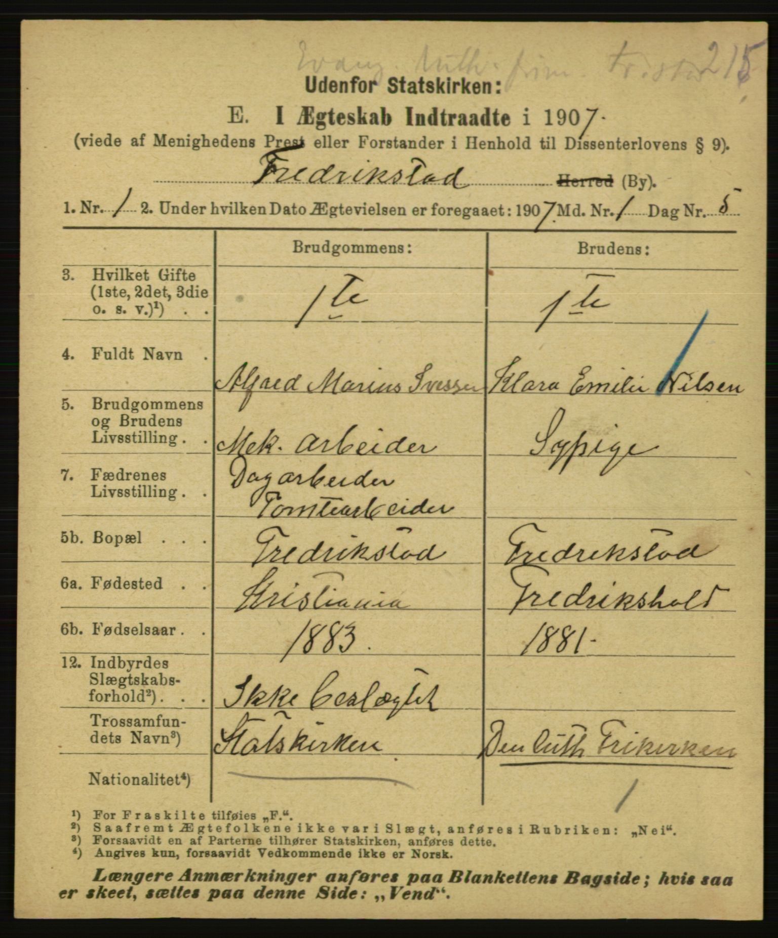 Statistisk sentralbyrå, Sosiodemografiske emner, Befolkning, AV/RA-S-2228/E/L0005: Fødte, gifte, døde dissentere., 1907, p. 1715