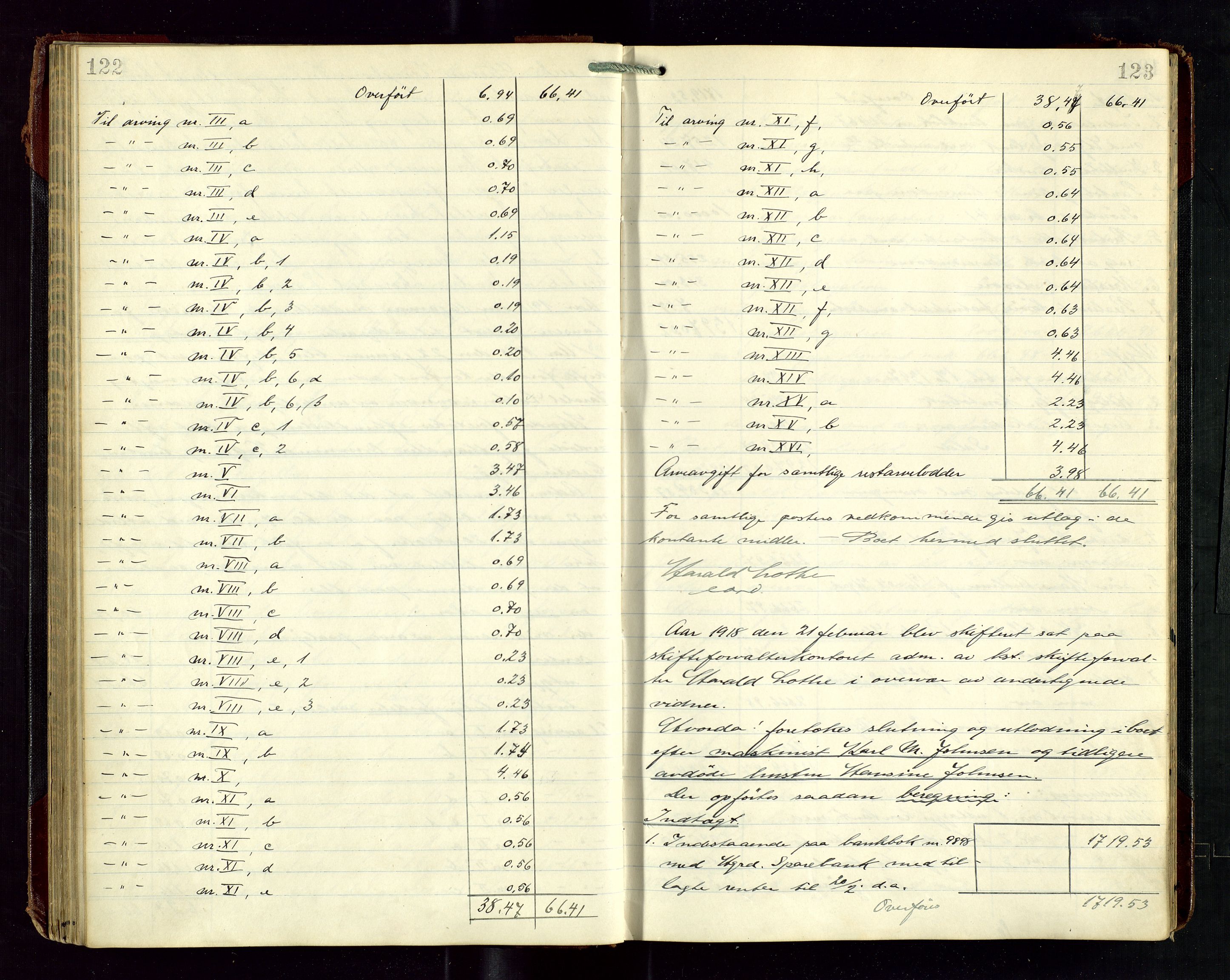 Haugesund tingrett, SAST/A-101415/01/IV/IVD/L0003: Skifteutlodningsprotokoll, med register, 1915-1924, p. 122-123