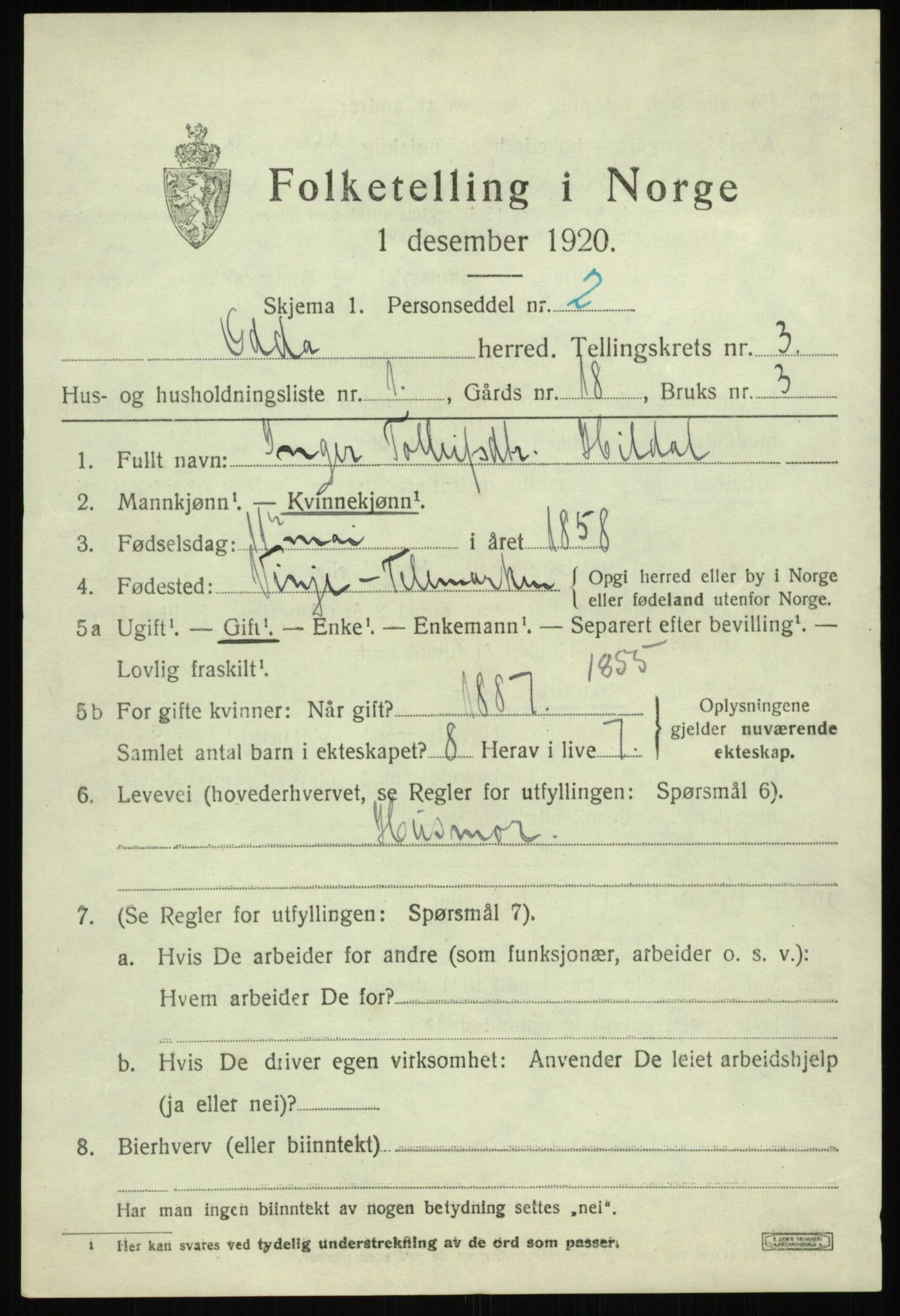 SAB, 1920 census for Odda, 1920, p. 2145