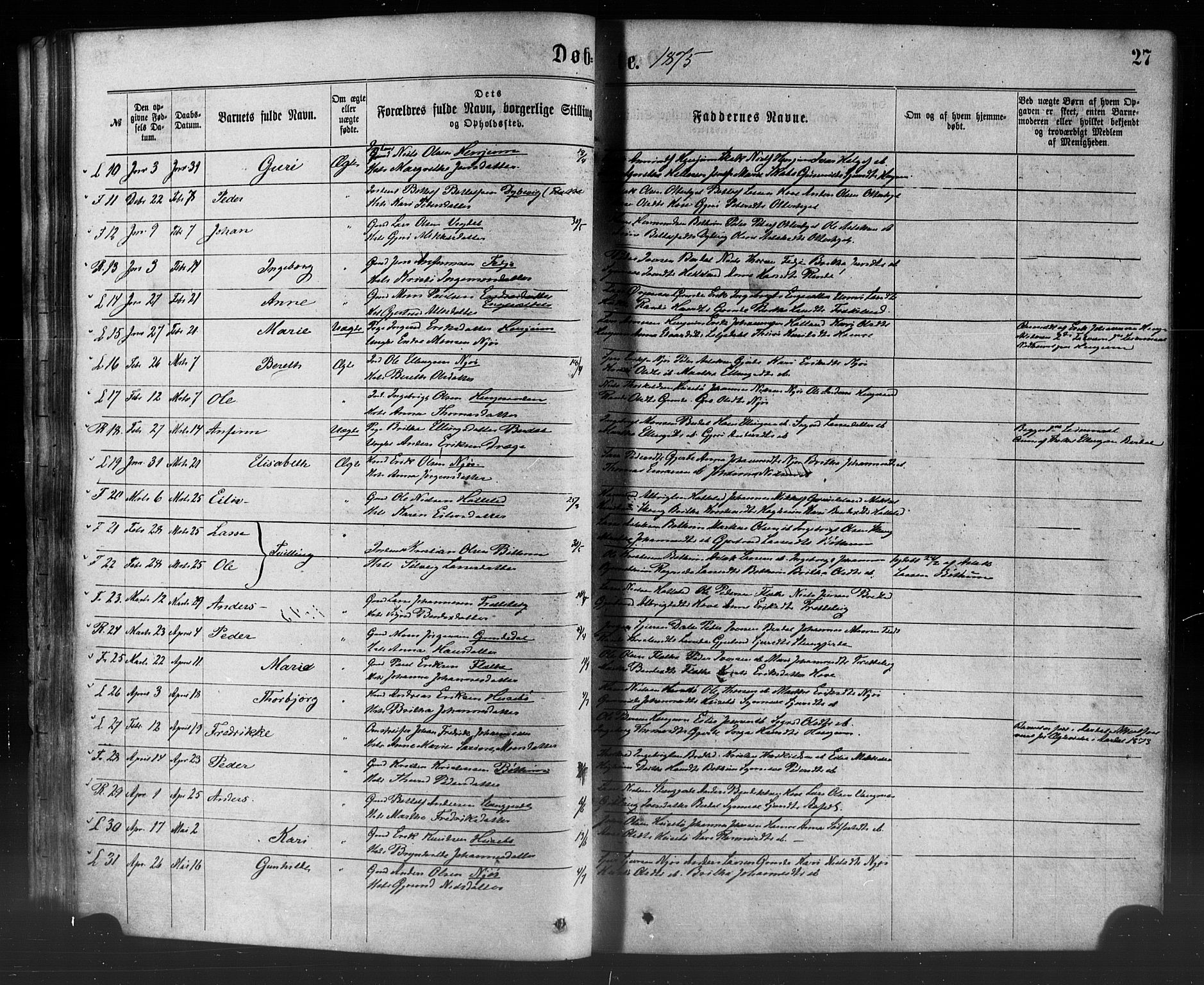 Leikanger sokneprestembete, AV/SAB-A-81001/H/Haa/Haaa/L0009: Parish register (official) no. A 9, 1869-1888, p. 27