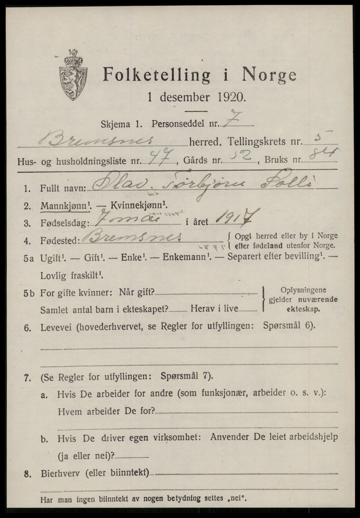 SAT, 1920 census for Bremsnes, 1920, p. 4941