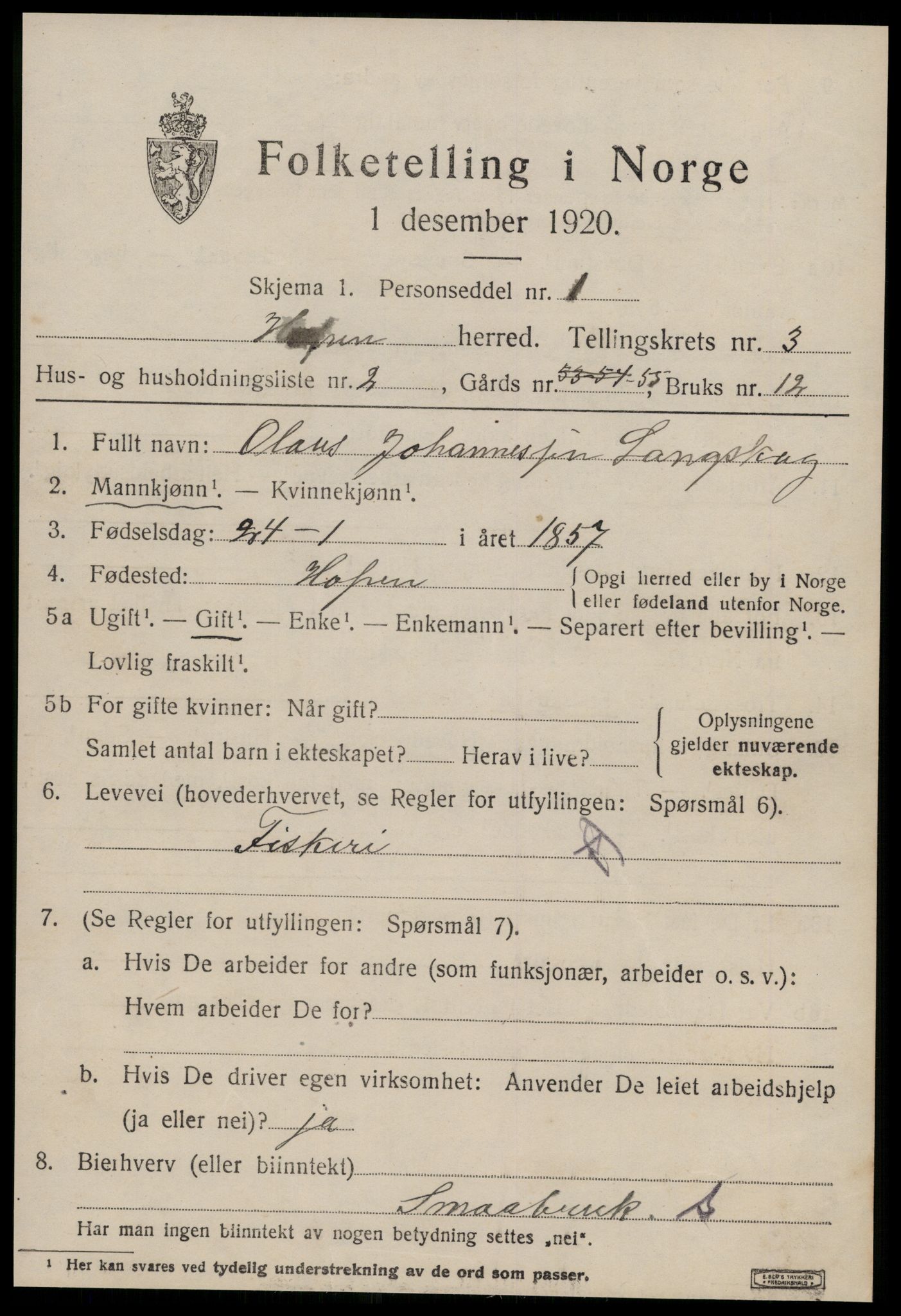 SAT, 1920 census for Hopen, 1920, p. 1512