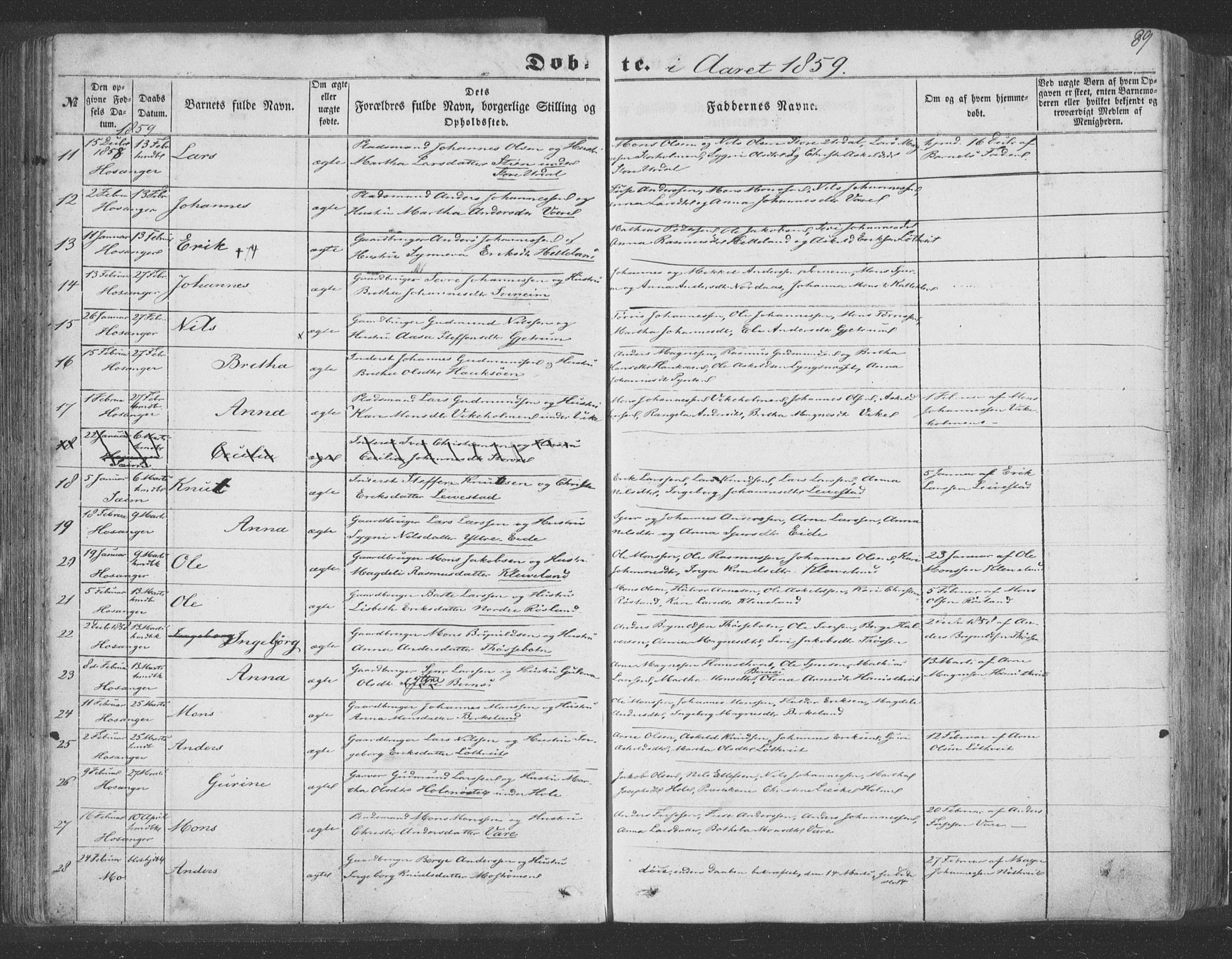 Hosanger sokneprestembete, AV/SAB-A-75801/H/Haa: Parish register (official) no. A 8, 1849-1863, p. 89