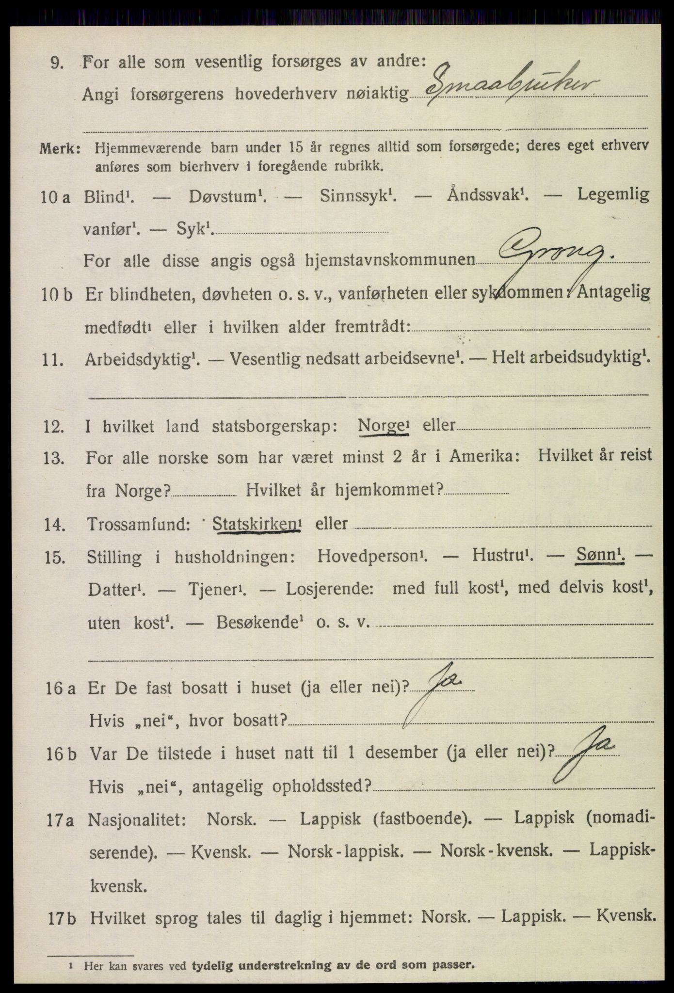 SAT, 1920 census for Grong, 1920, p. 1230