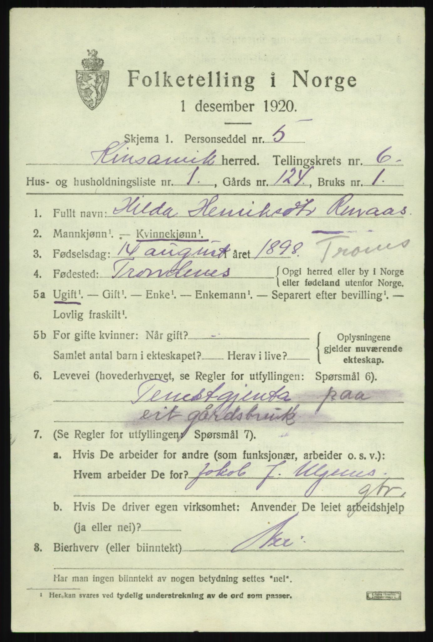 SAB, 1920 census for Kinsarvik, 1920, p. 2878