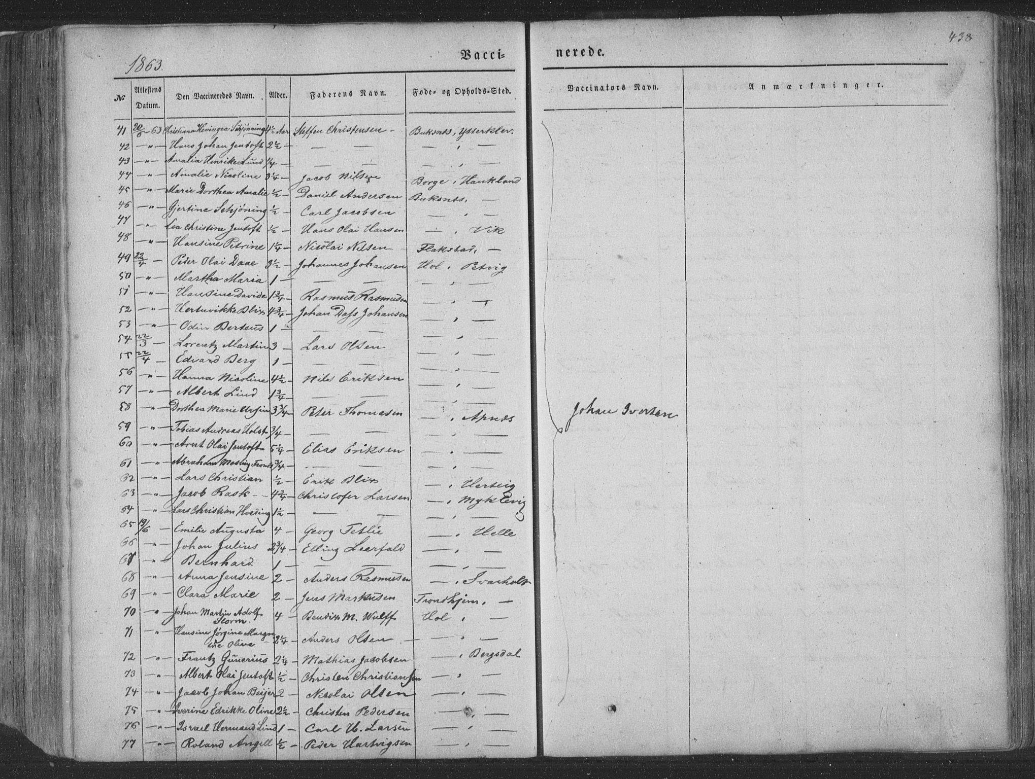 Ministerialprotokoller, klokkerbøker og fødselsregistre - Nordland, AV/SAT-A-1459/881/L1165: Parish register (copy) no. 881C02, 1854-1876, p. 438