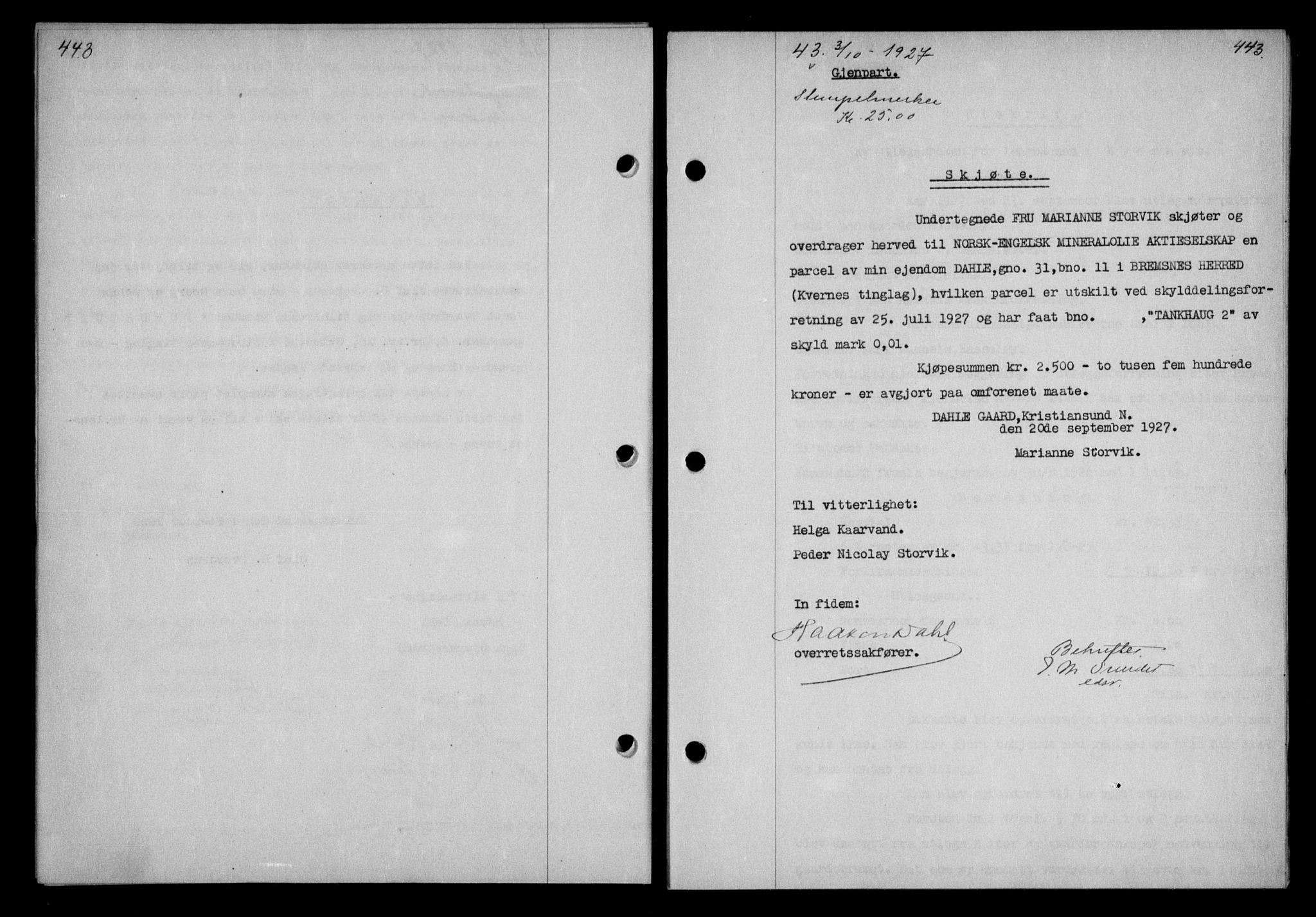 Nordmøre sorenskriveri, AV/SAT-A-4132/1/2/2Ca/L0062: Mortgage book no. 52, 1927-1927, Deed date: 03.10.1927