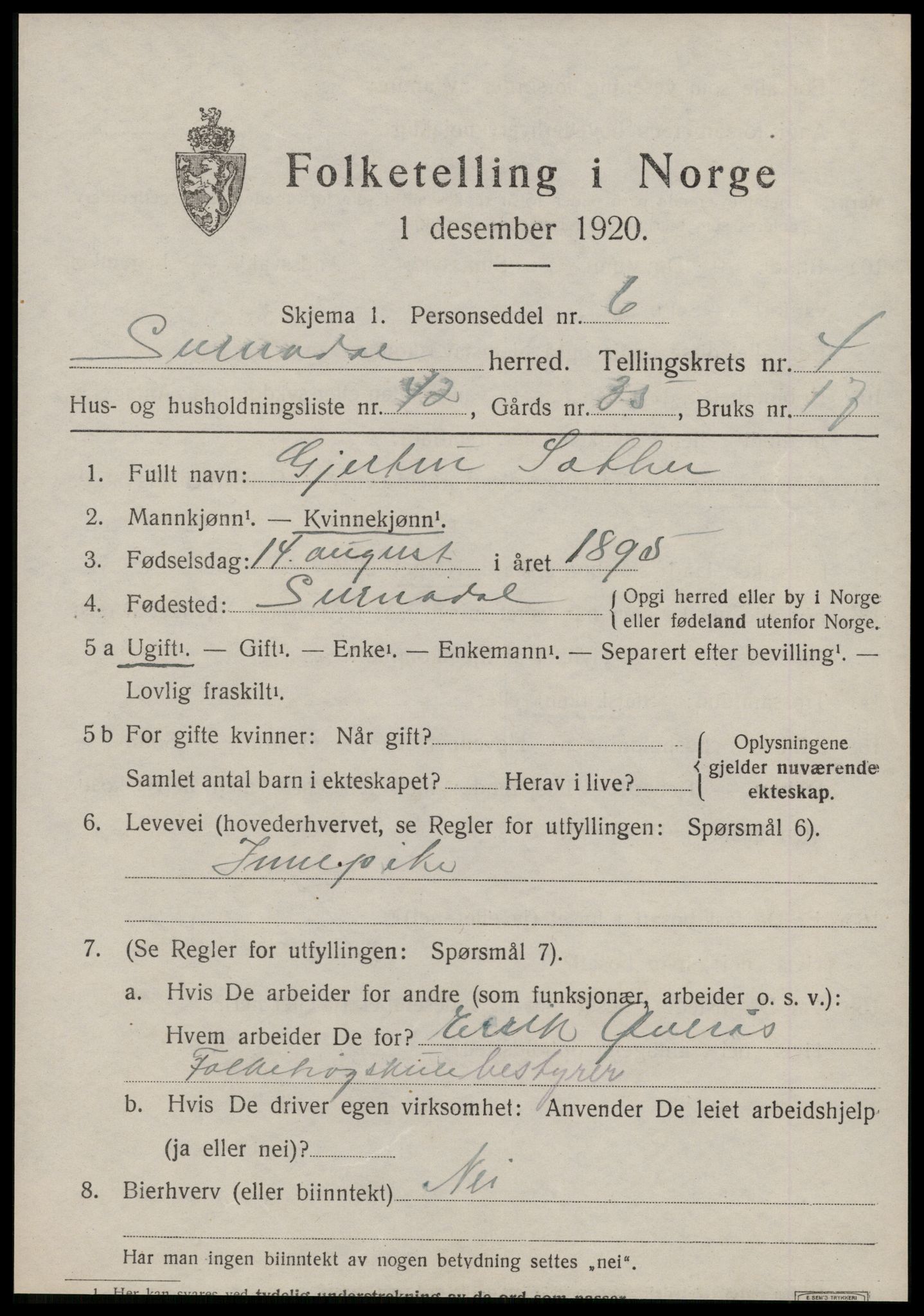 SAT, 1920 census for Surnadal, 1920, p. 3529