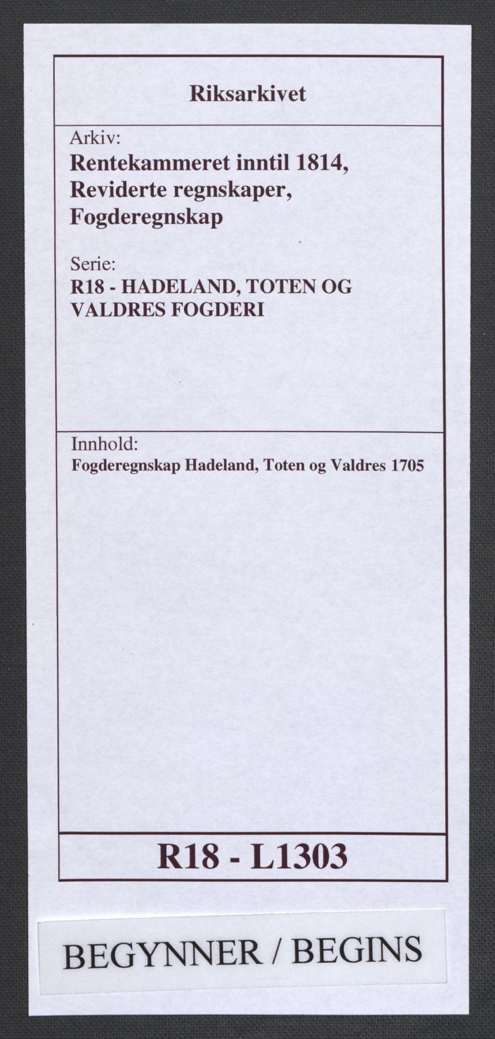 Rentekammeret inntil 1814, Reviderte regnskaper, Fogderegnskap, AV/RA-EA-4092/R18/L1303: Fogderegnskap Hadeland, Toten og Valdres, 1705, p. 1