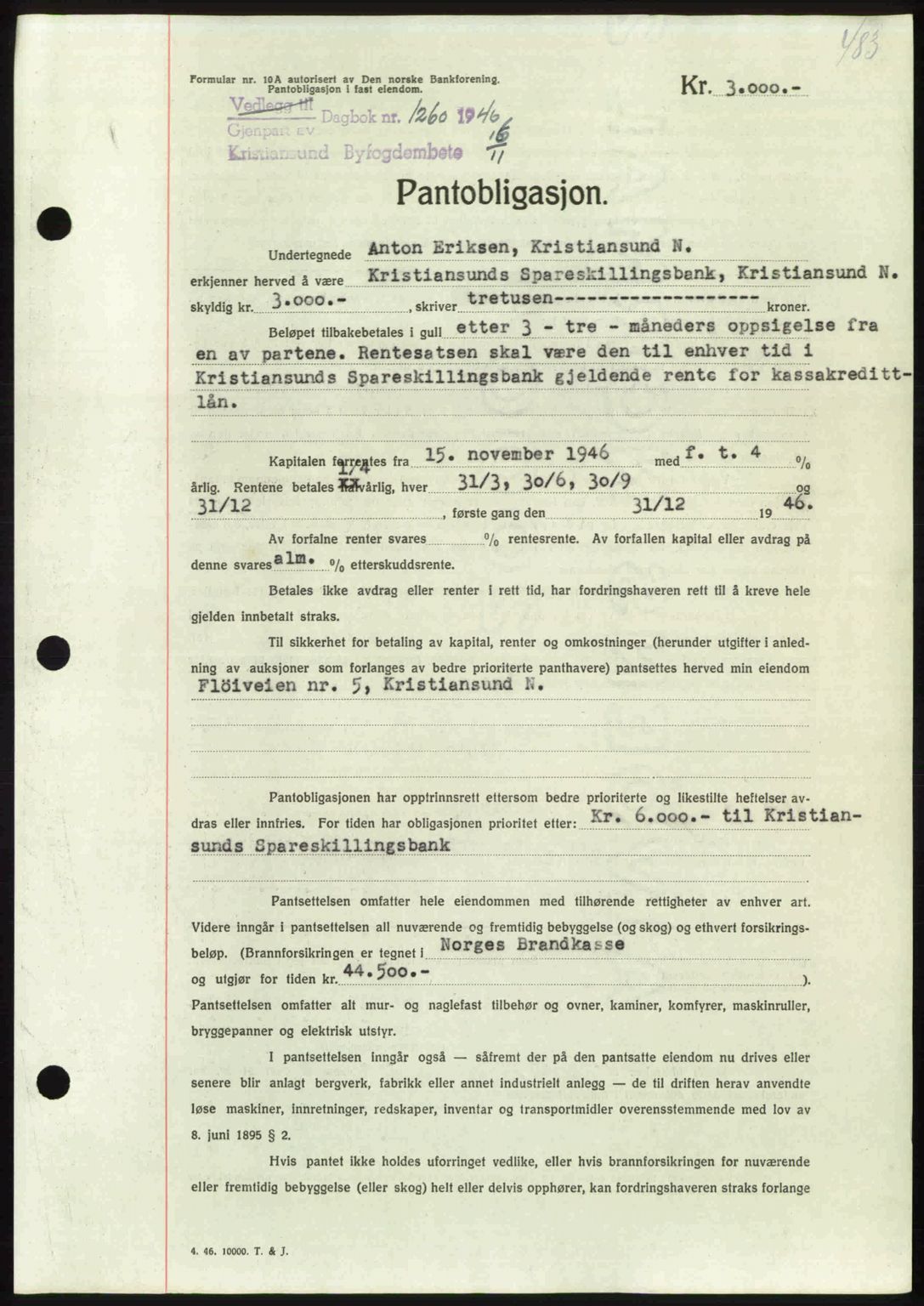 Kristiansund byfogd, AV/SAT-A-4587/A/27: Mortgage book no. 40, 1946-1946, Diary no: : 1260/1946